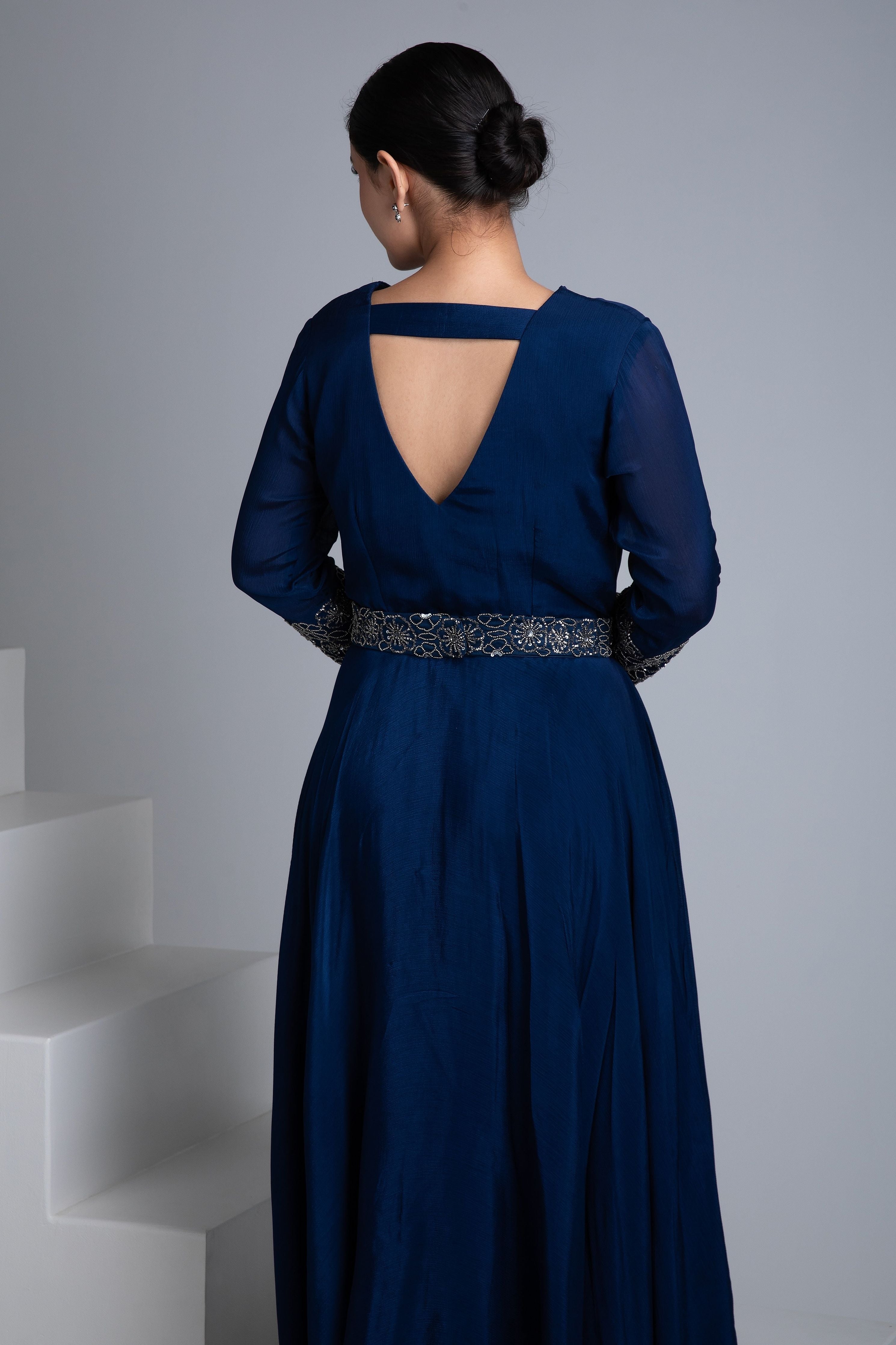 Navy Blue Georgette Flowy Gown - Mokshaa