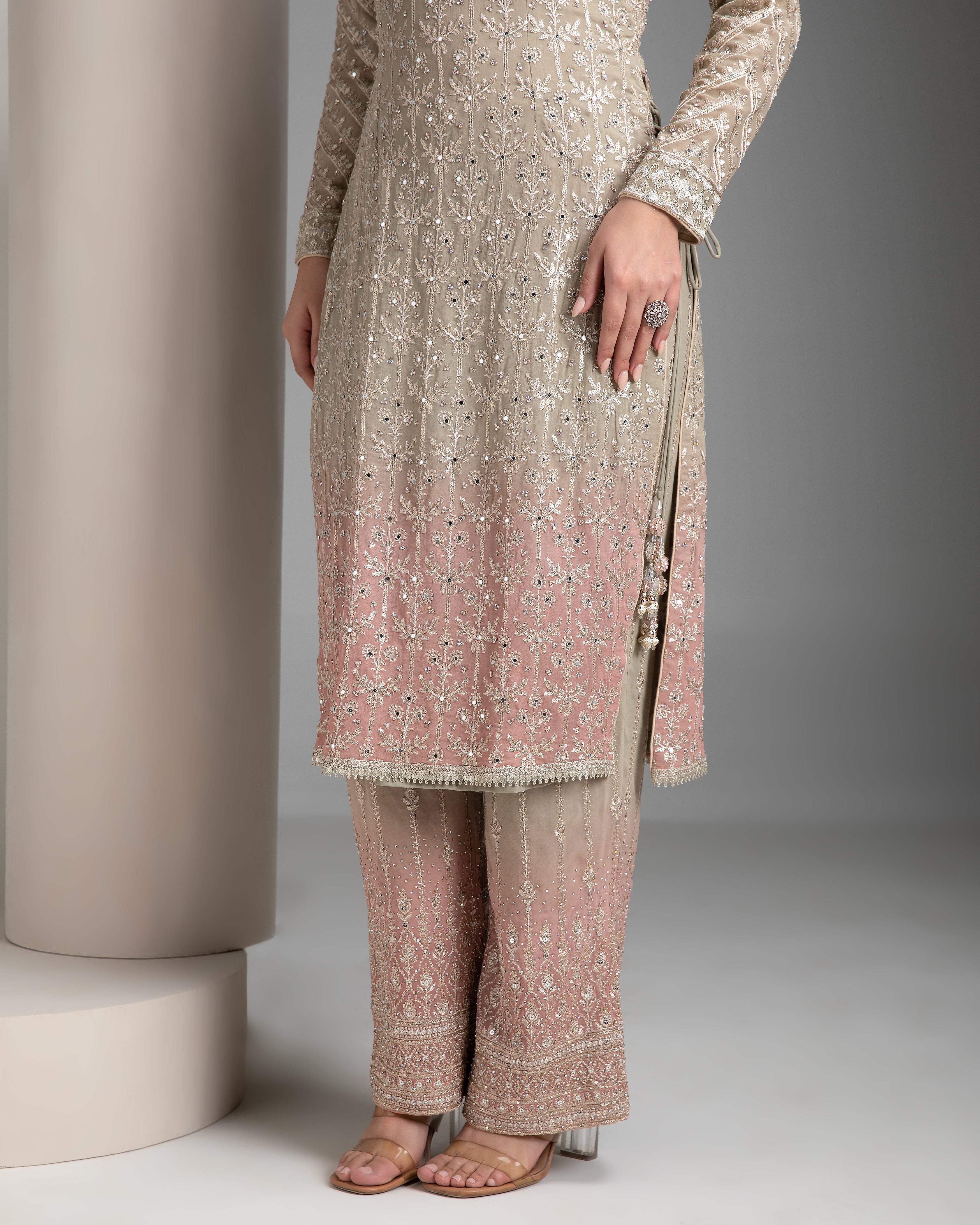 Warm Grey Shaded Straight Kurta Set - Mokshaa