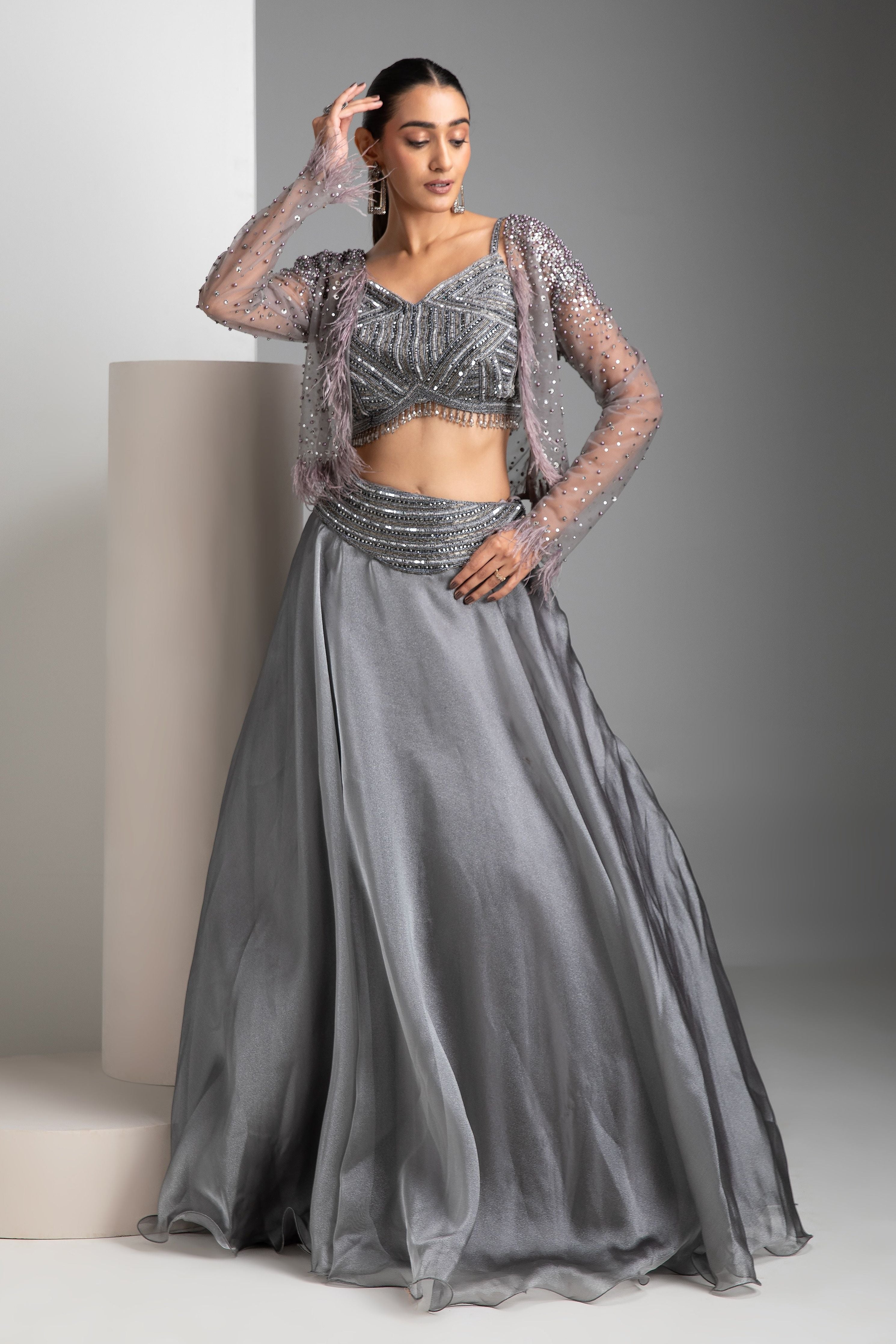 Grey Organza Lehenga Set - Mokshaa