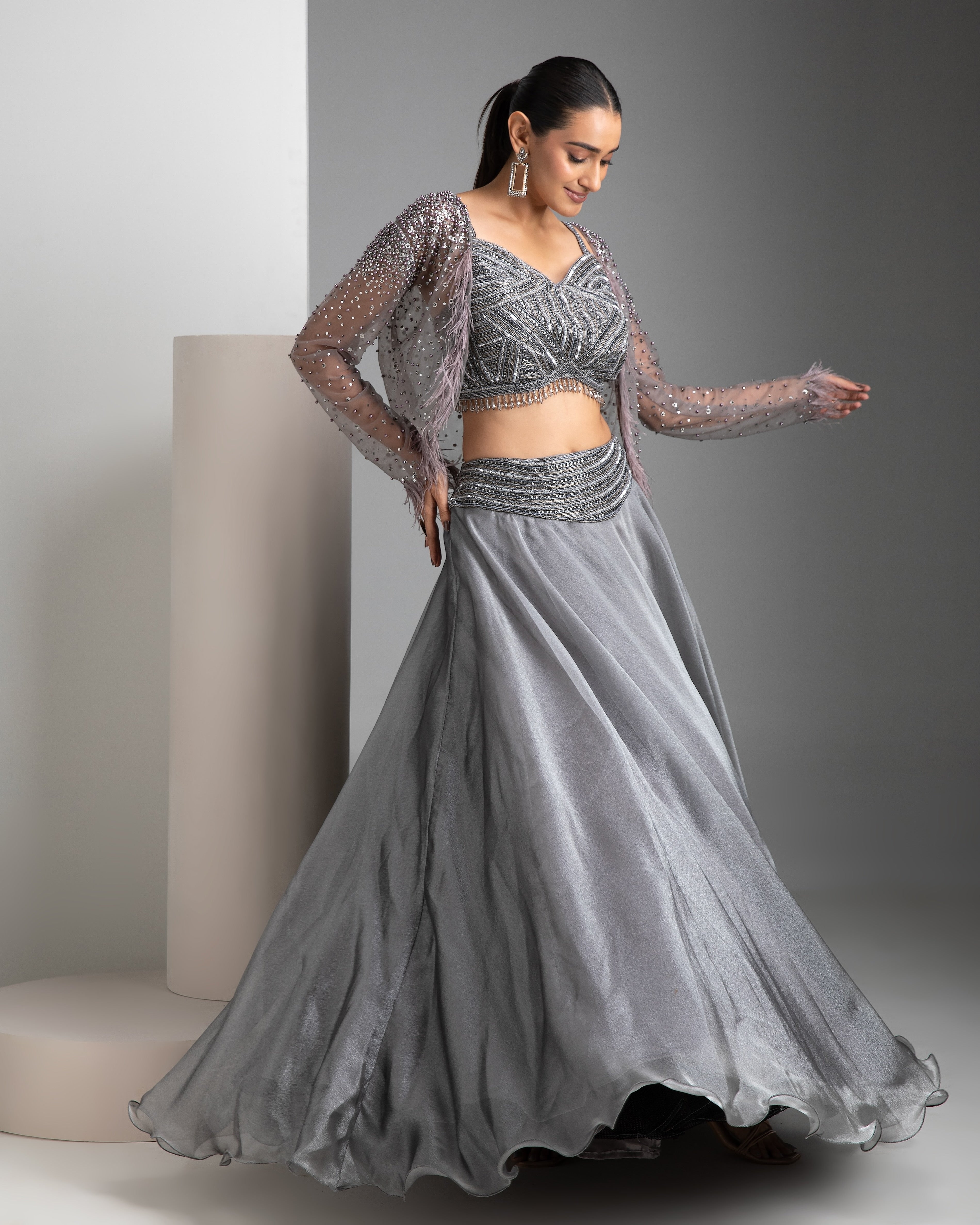 Grey Organza Lehenga Set - Mokshaa