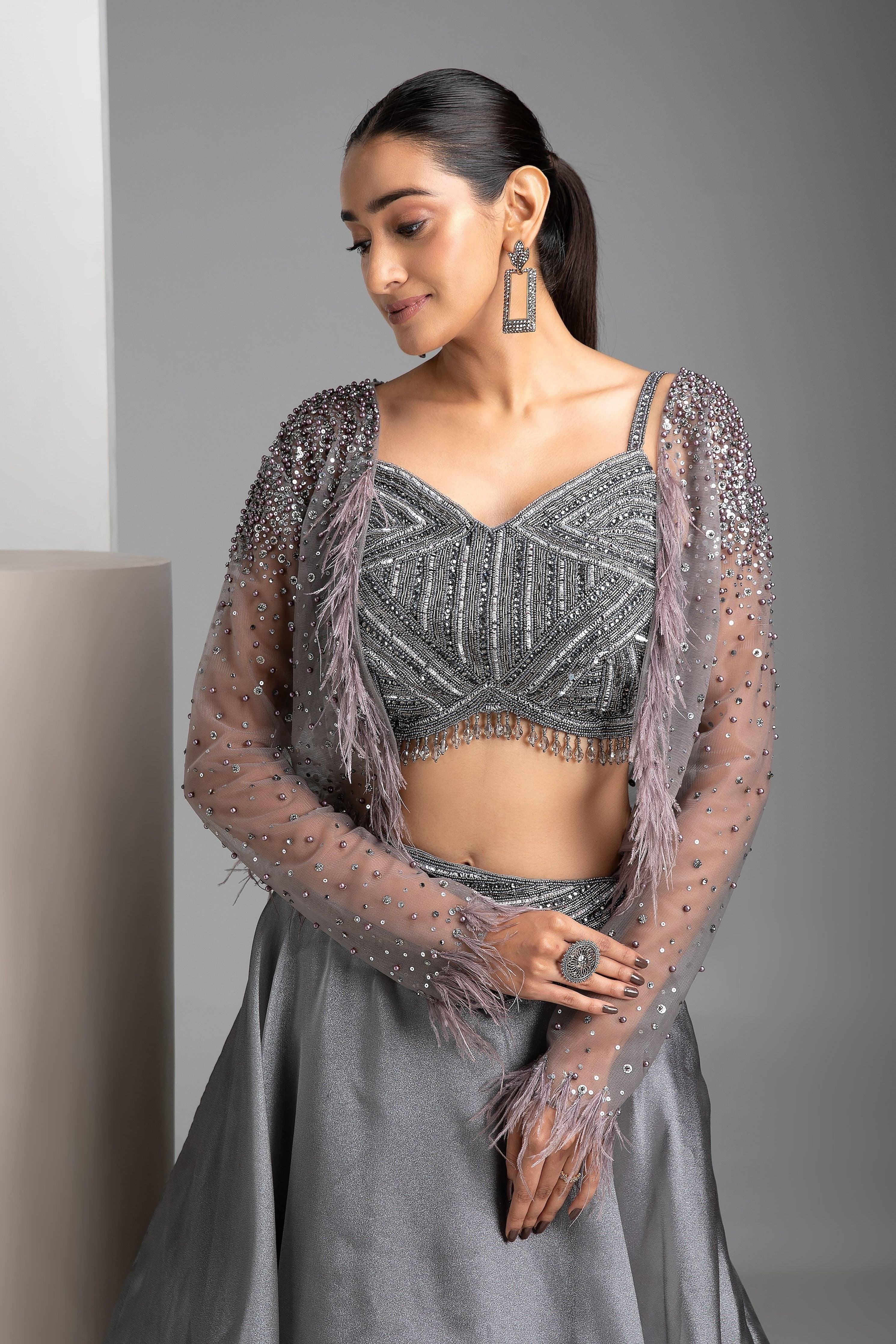 Grey Organza Lehenga Set - Mokshaa