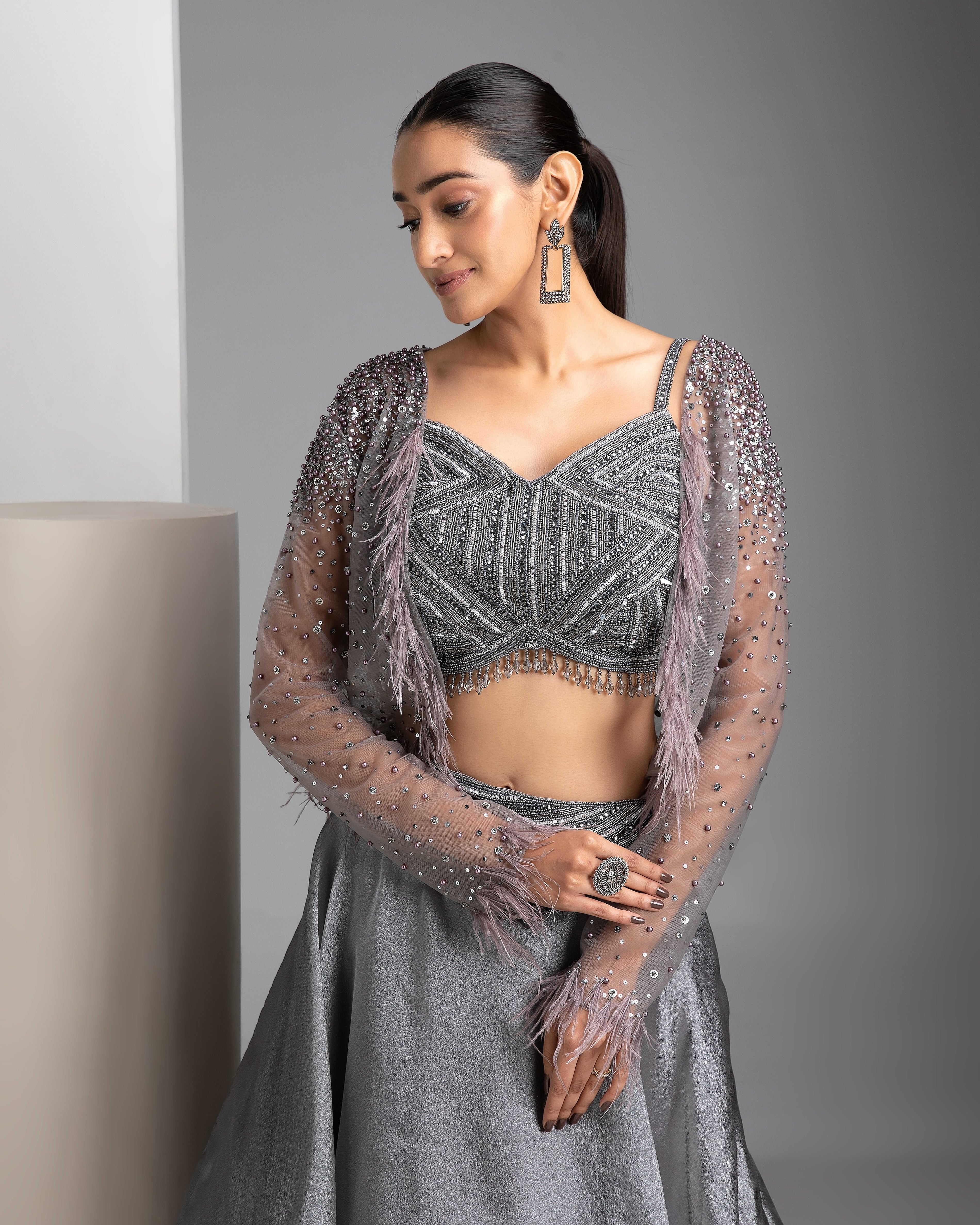 Grey Organza Lehenga Set - Mokshaa