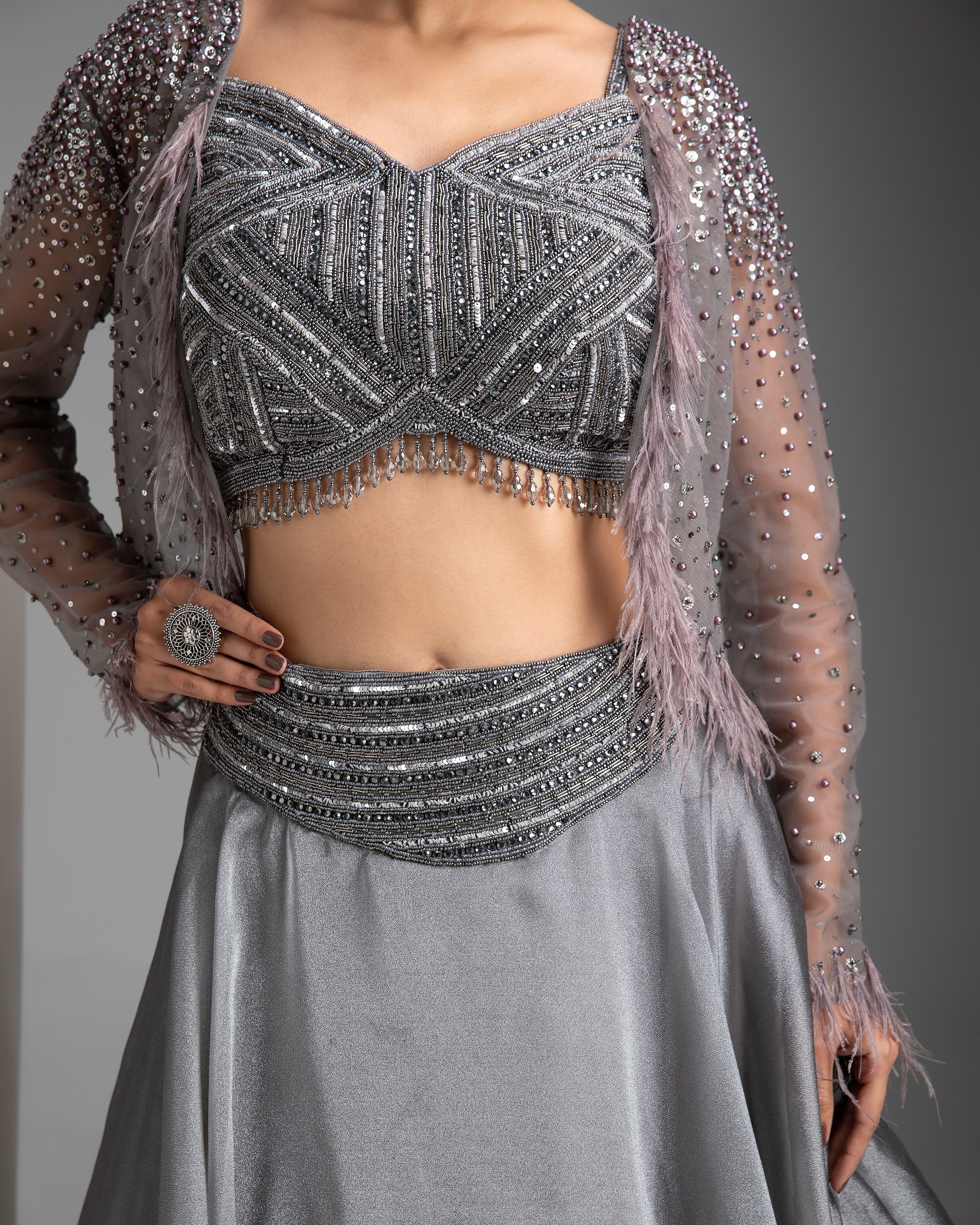 Grey Organza Lehenga Set - Mokshaa