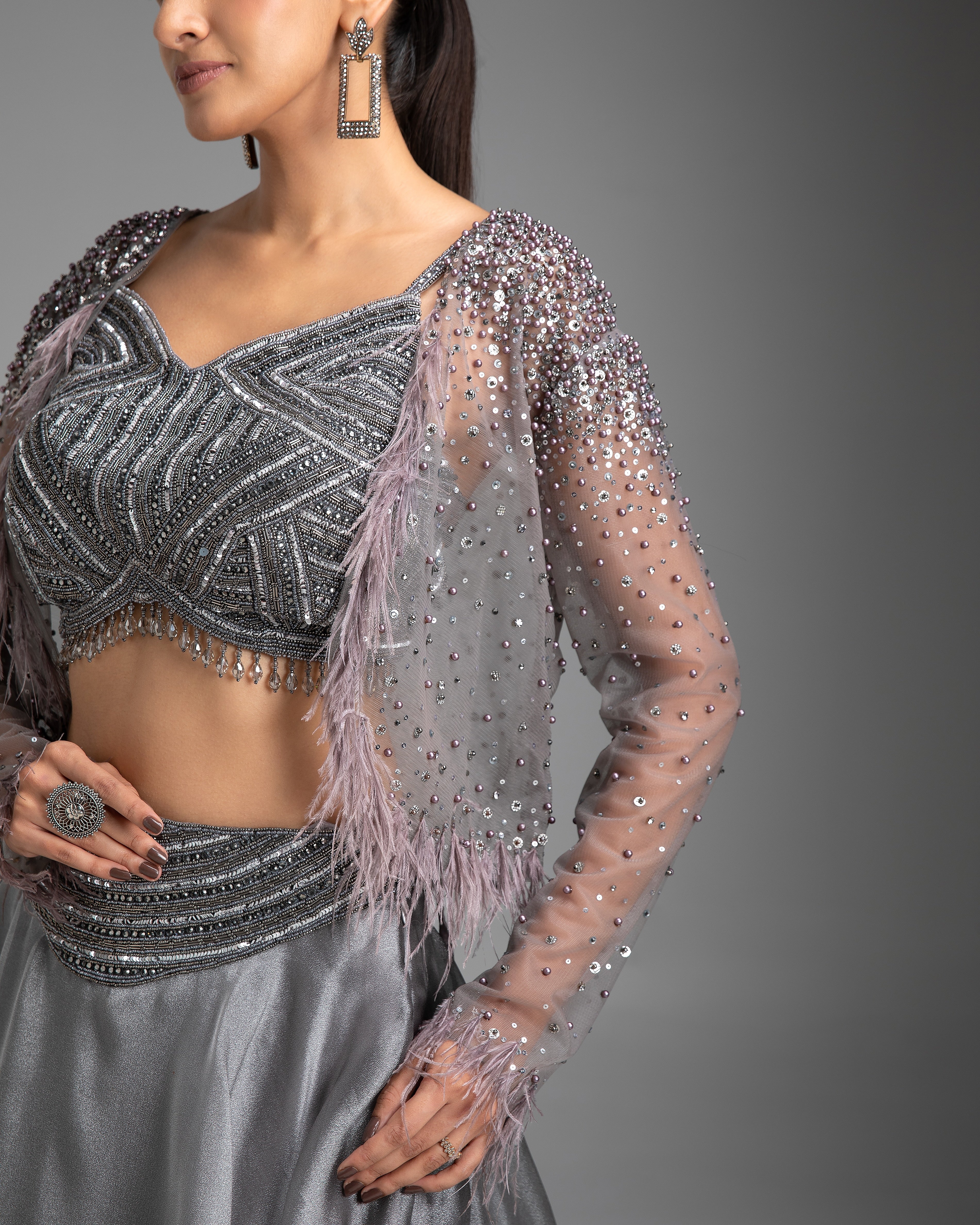 Grey Organza Lehenga Set - Mokshaa