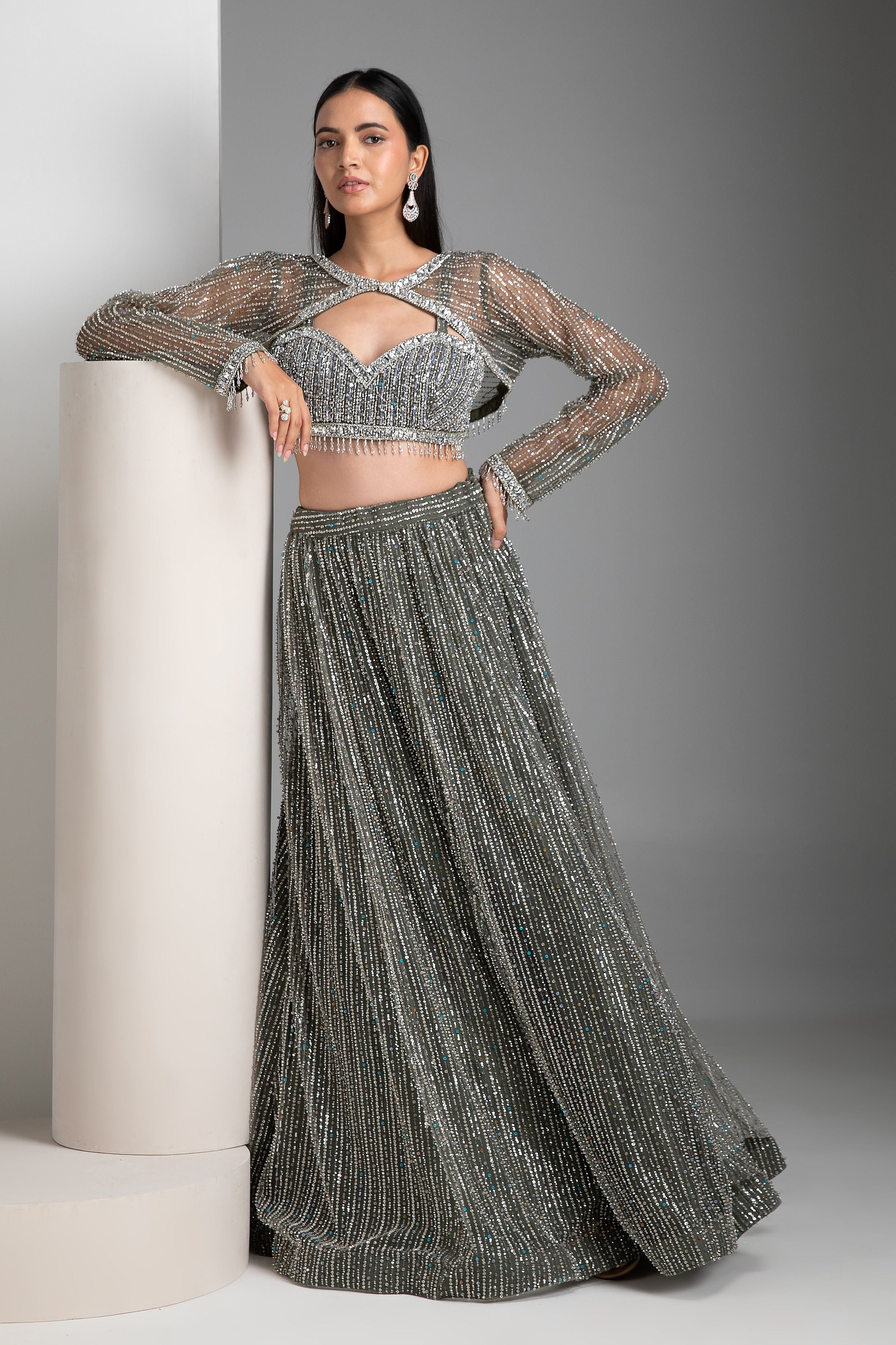 Green Sequin Embellished Lehenga Set - Mokshaa