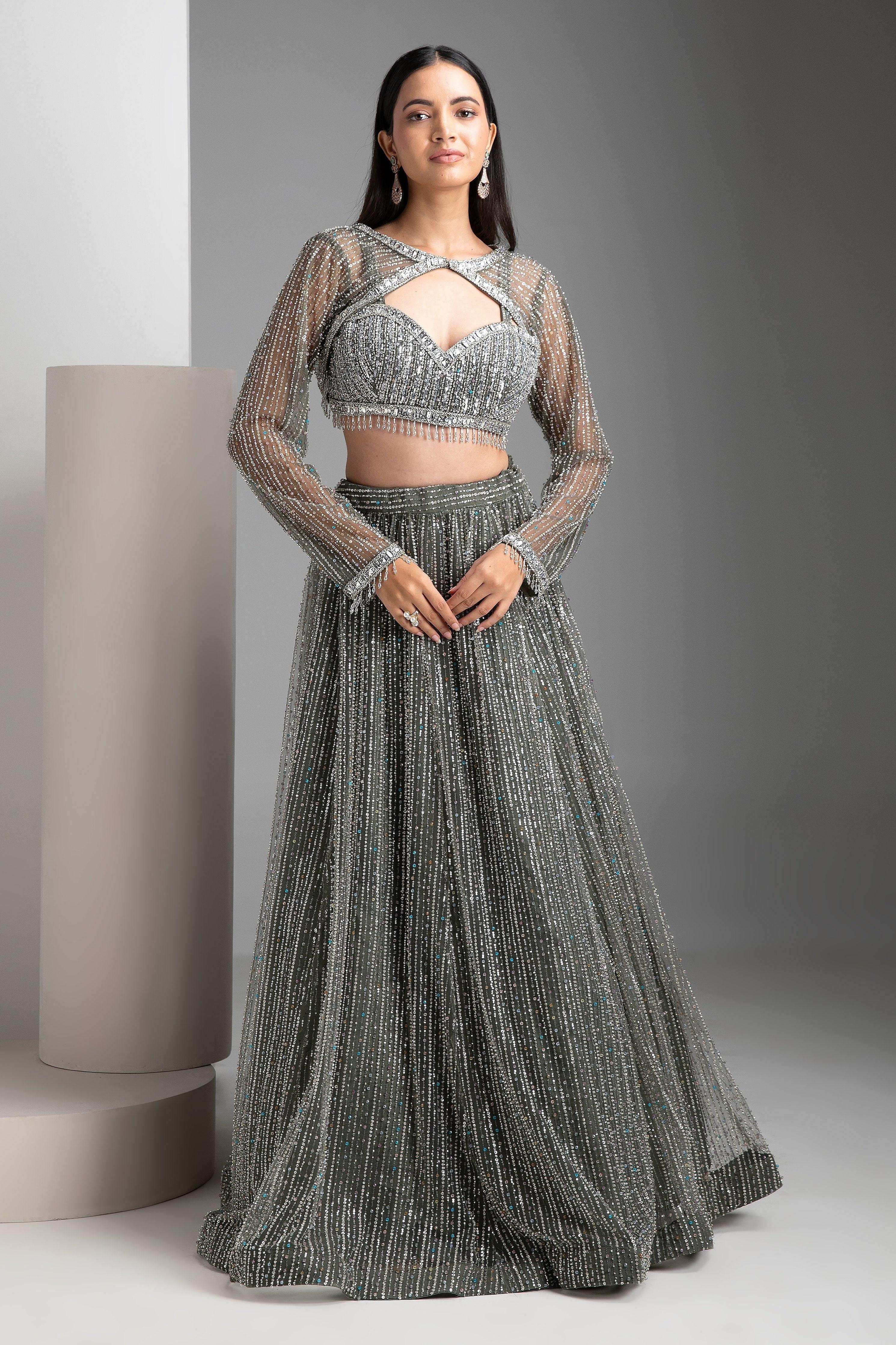 Green Sequin Embellished Lehenga Set - Mokshaa