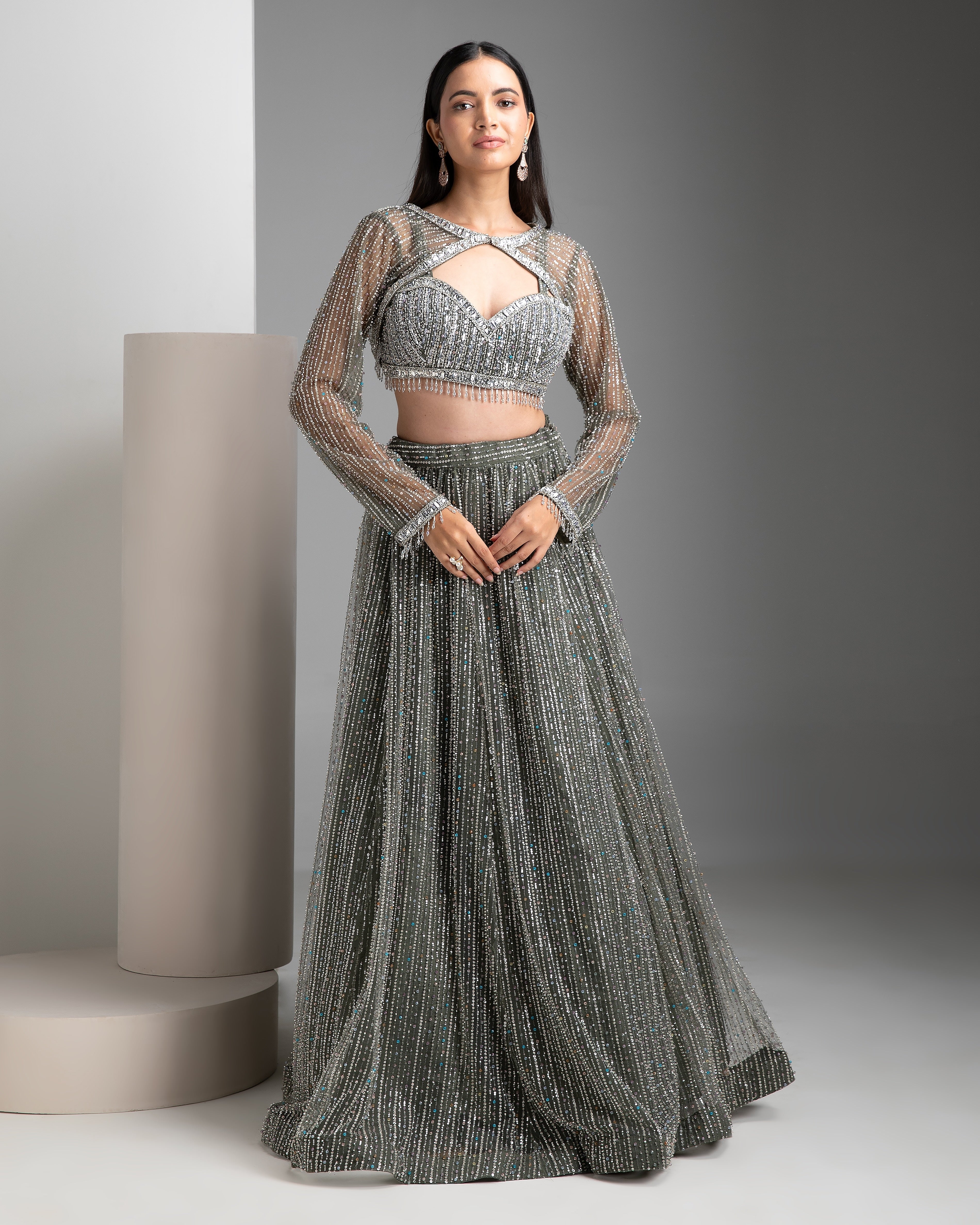 Green Sequin Embellished Lehenga Set - Mokshaa