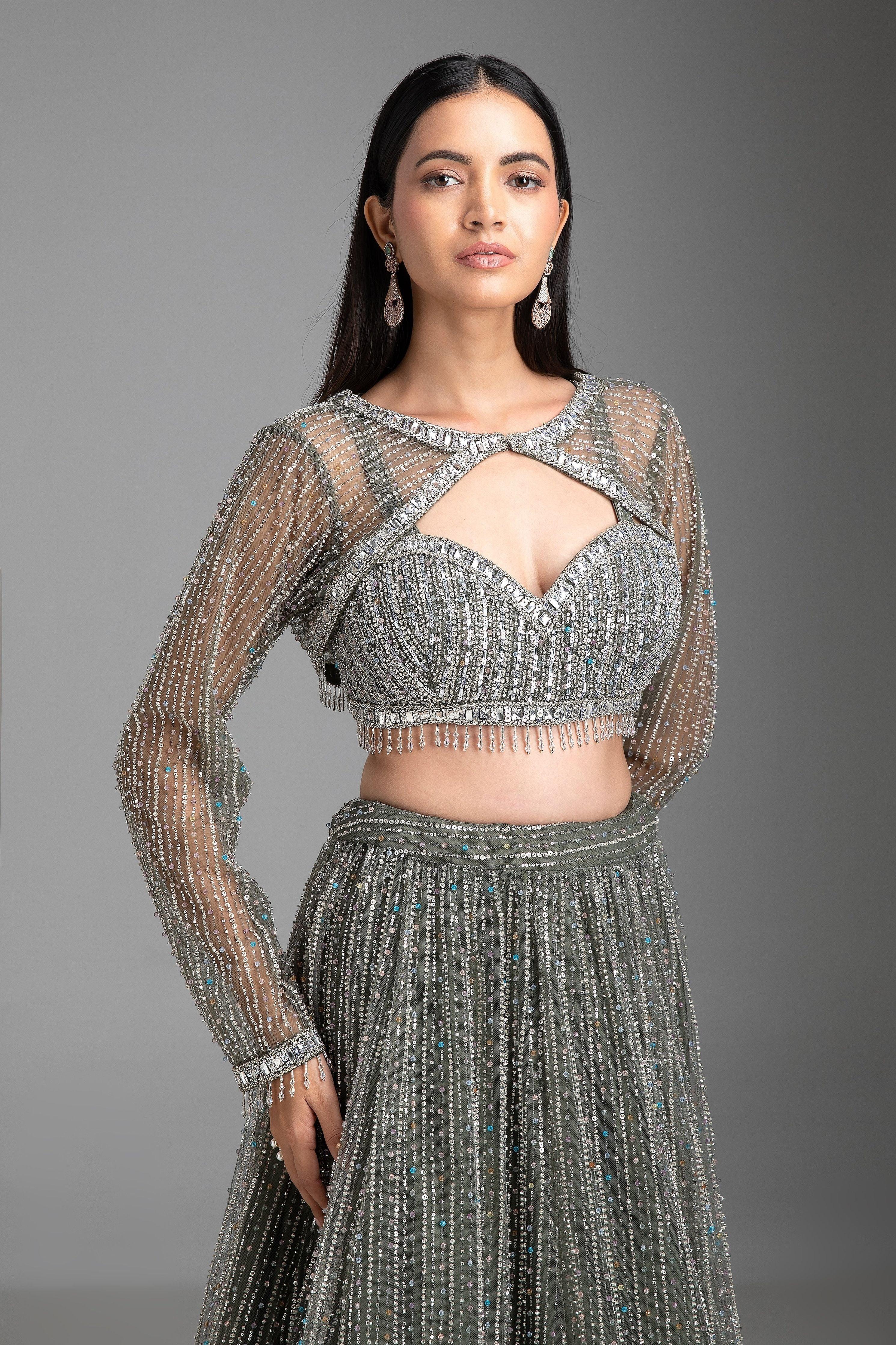Green Sequin Embellished Lehenga Set - Mokshaa