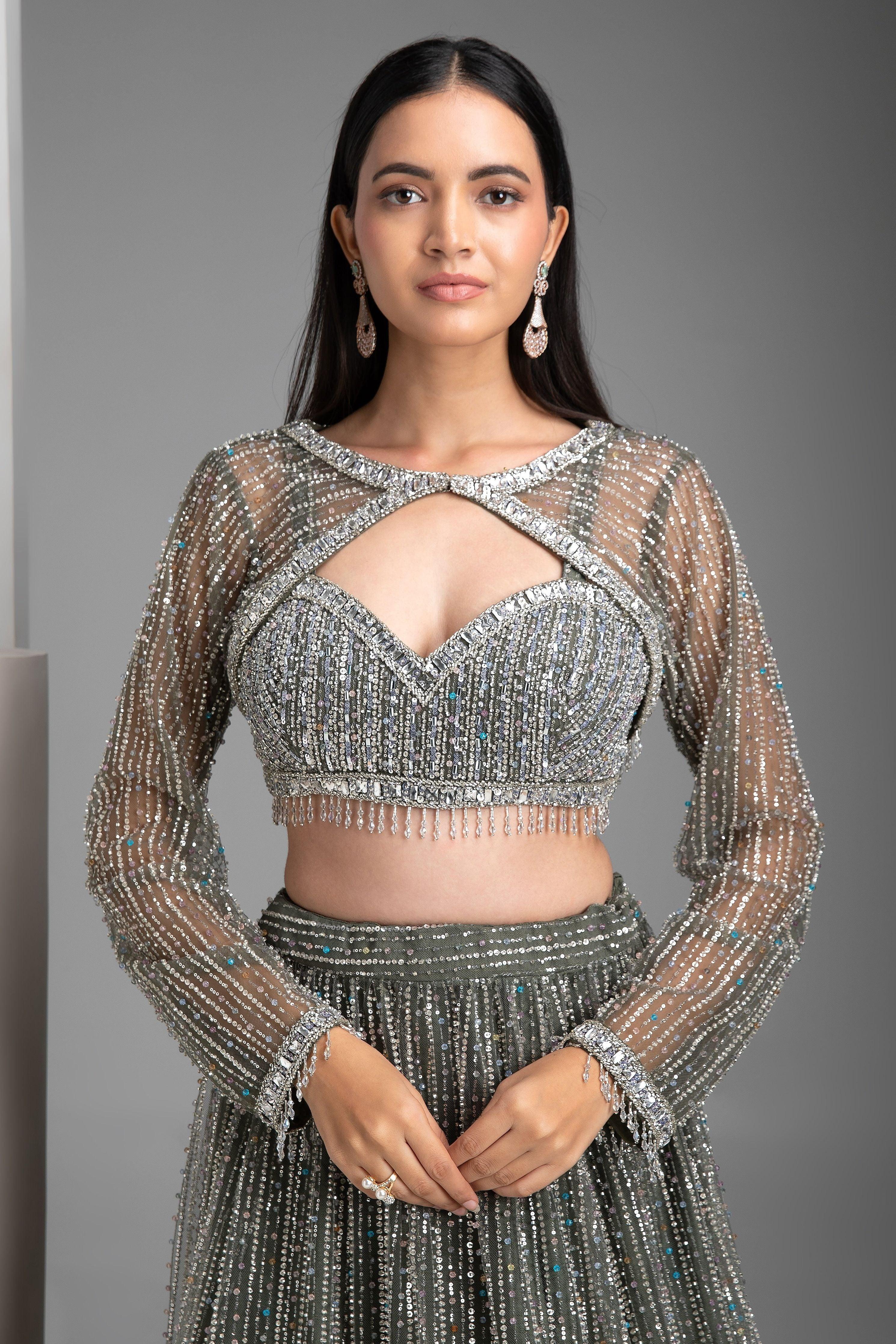 Green Sequin Embellished Lehenga Set - Mokshaa