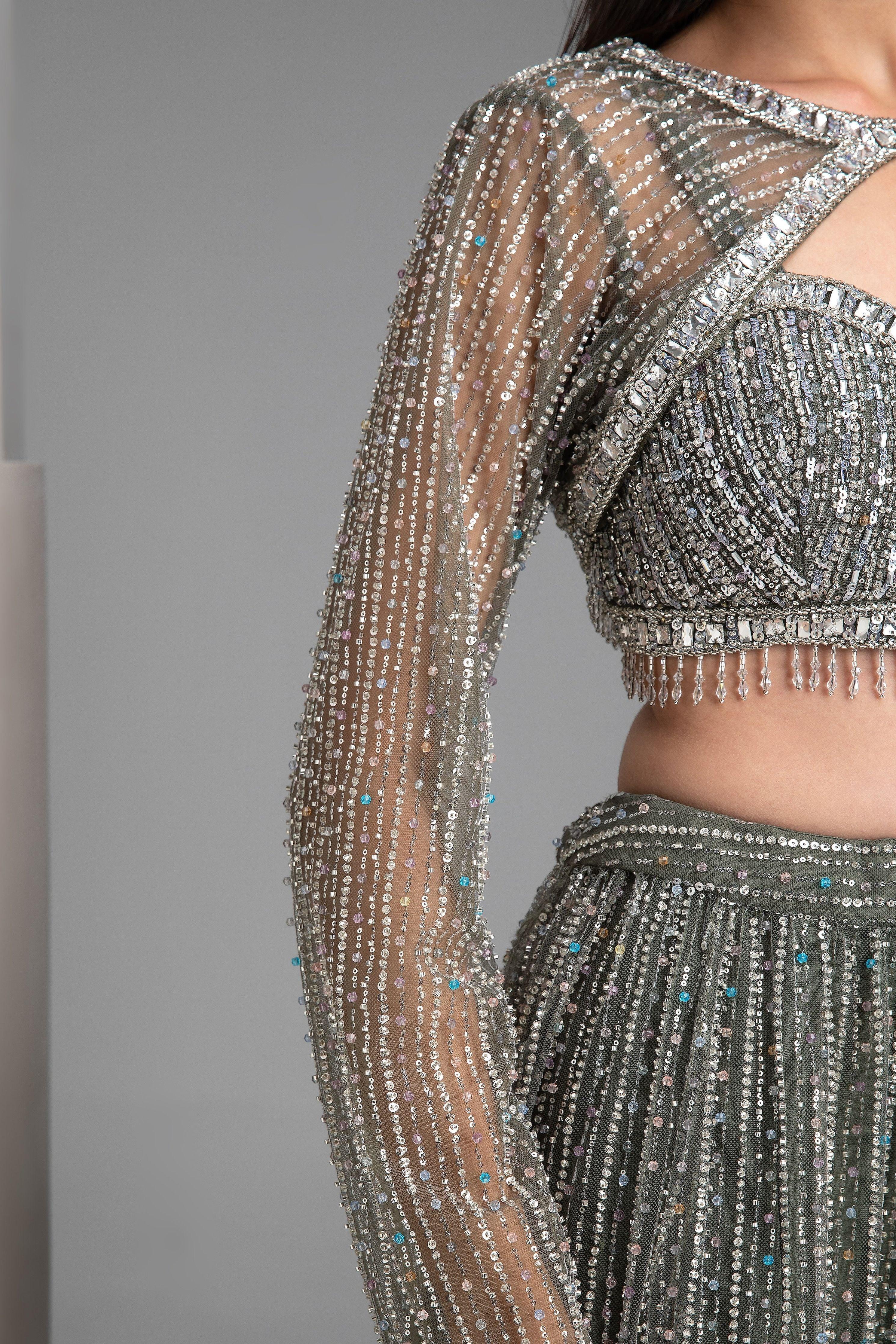 Green Sequin Embellished Lehenga Set - Mokshaa