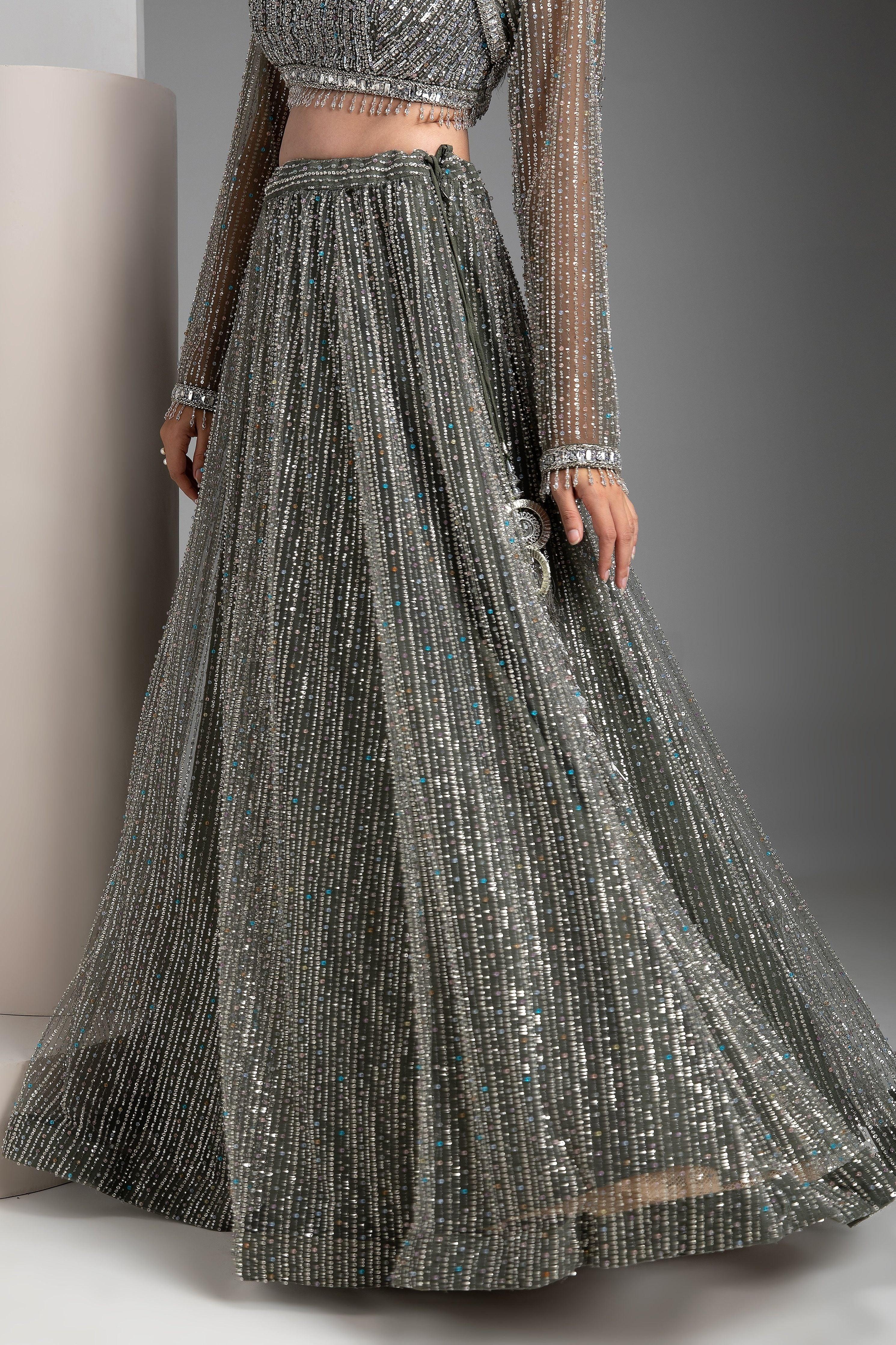Green Sequin Embellished Lehenga Set - Mokshaa