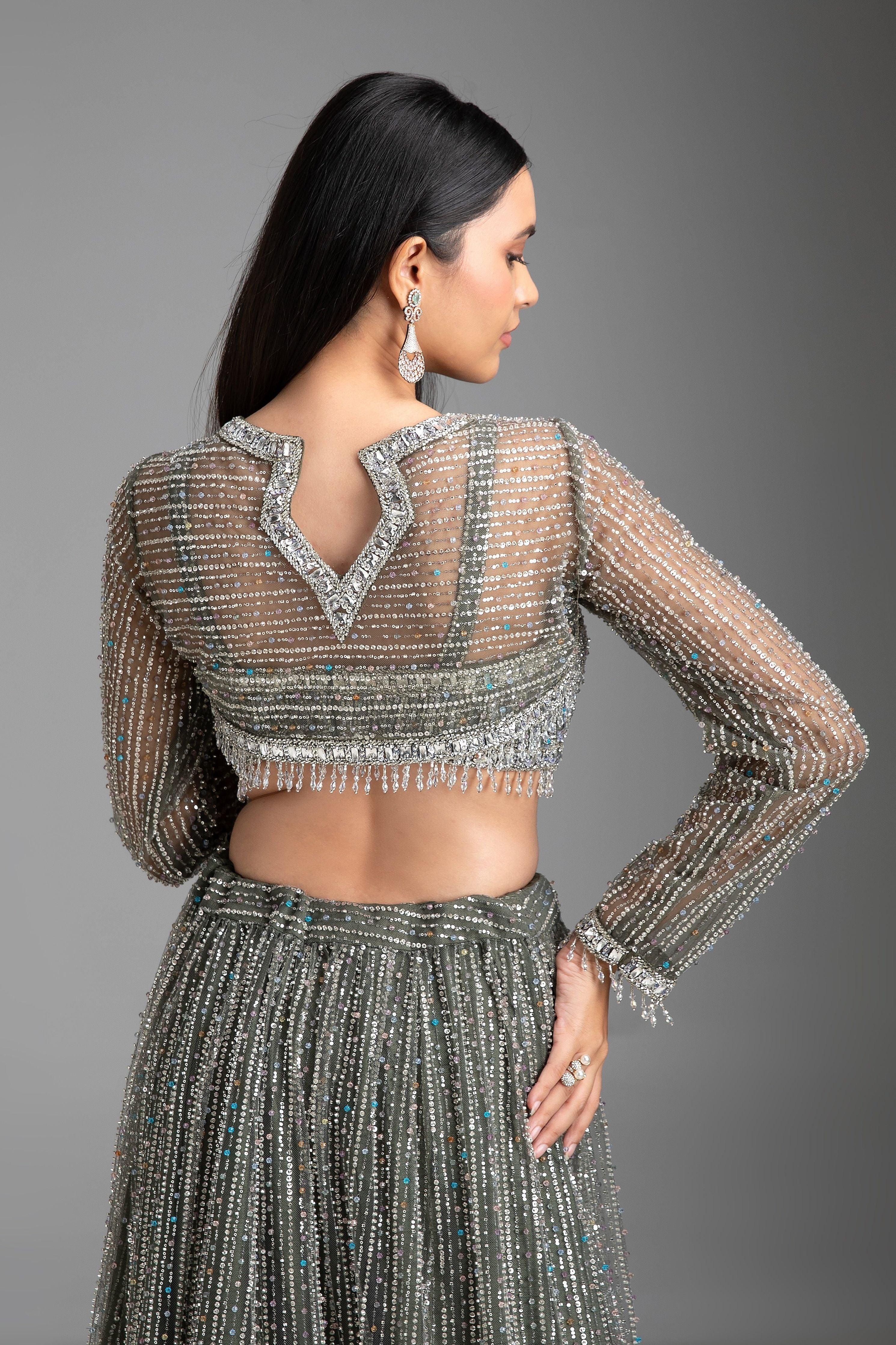 Green Sequin Embellished Lehenga Set - Mokshaa