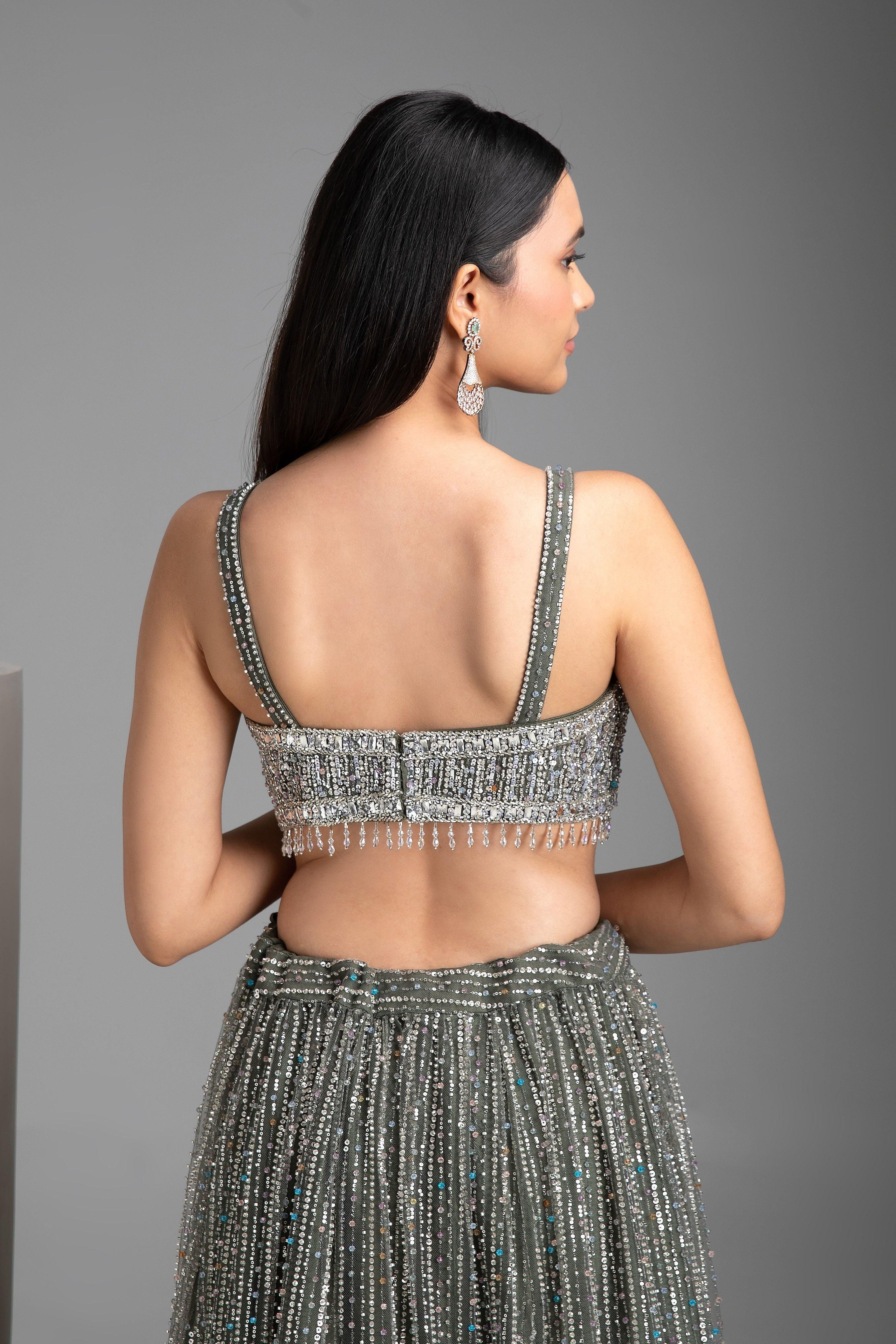 Green Sequin Embellished Lehenga Set - Mokshaa
