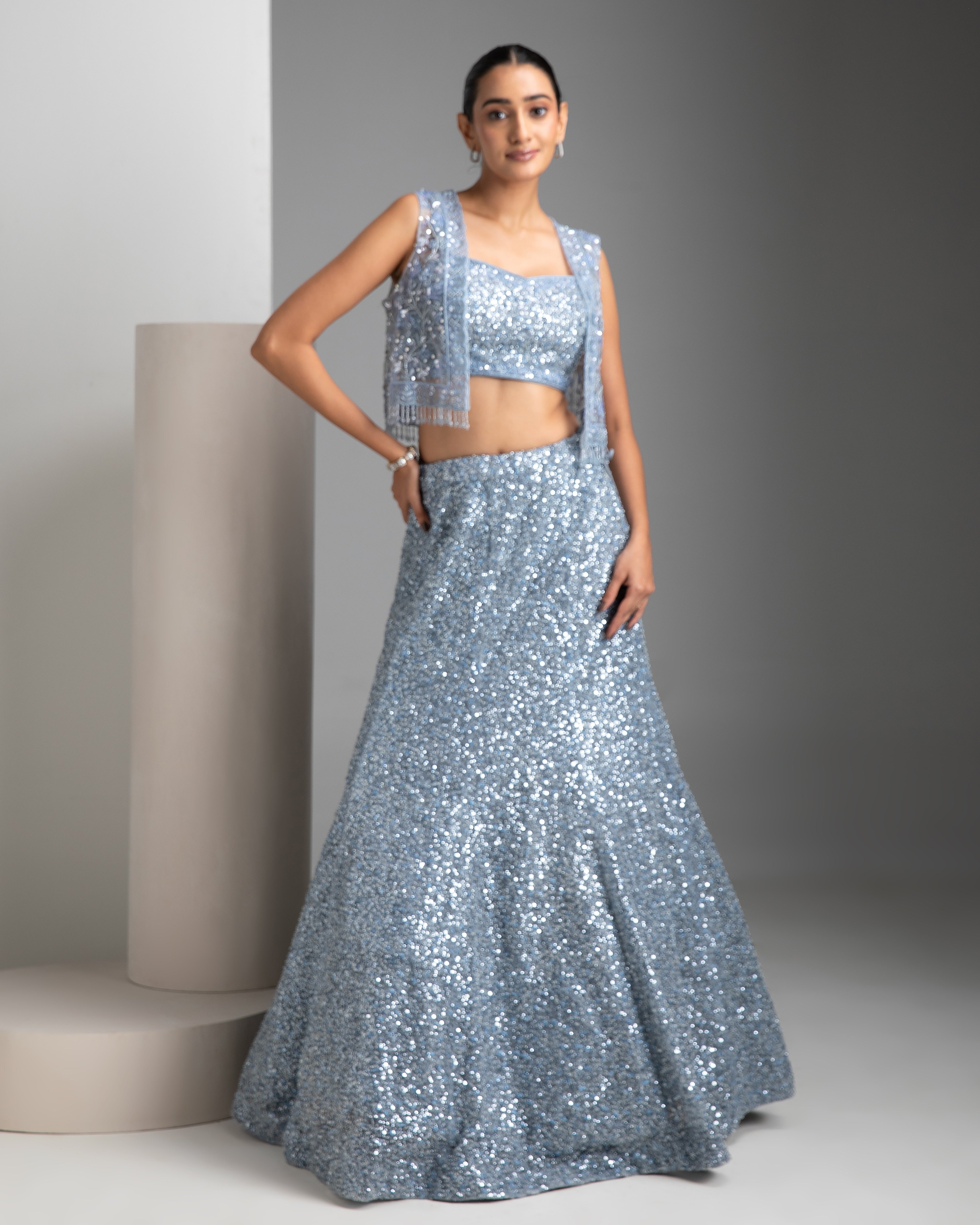 French Grey Lehenga with jacket - Mokshaa