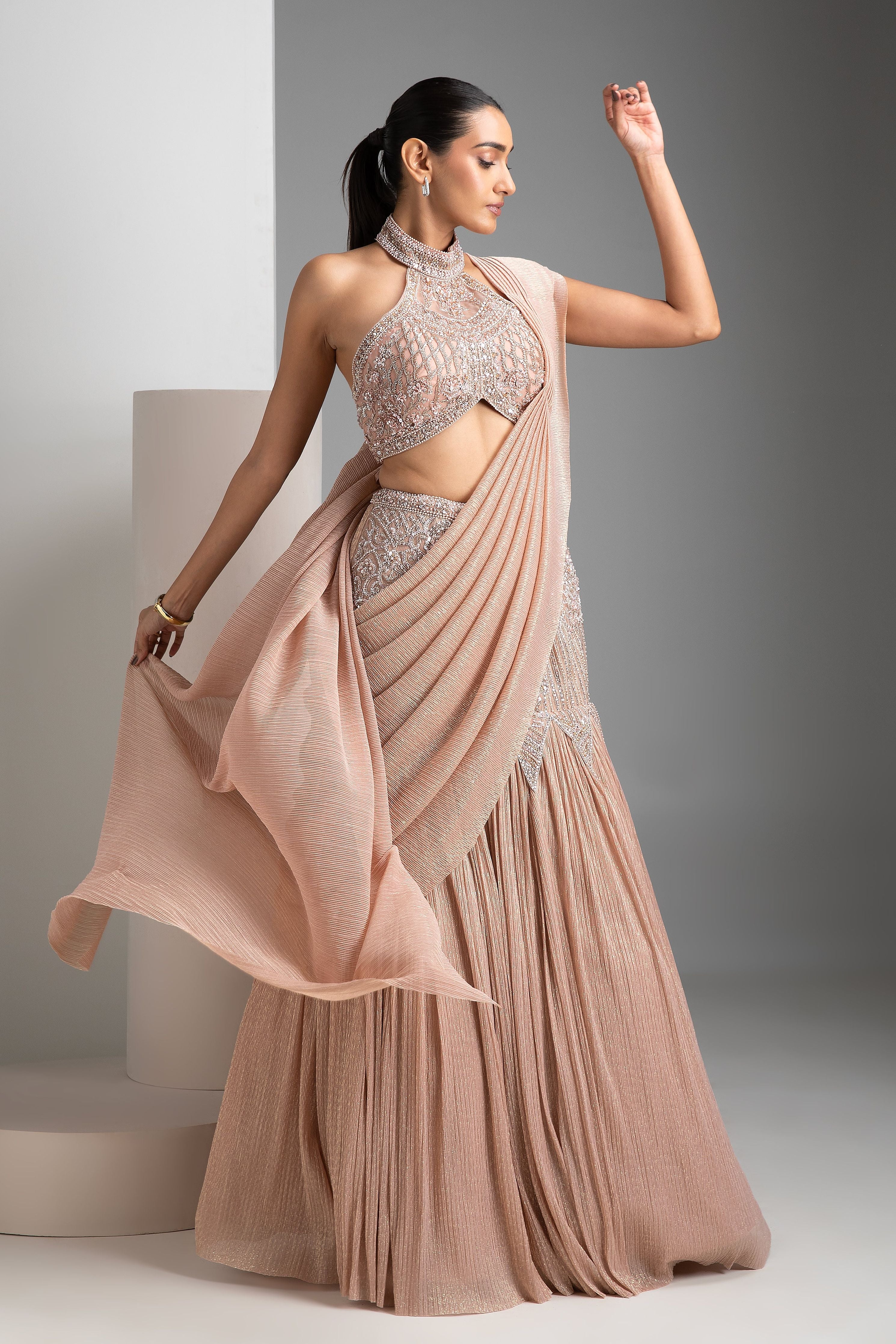 Pale Oyster Shimmer Mermaid Lehenga Set - Mokshaa