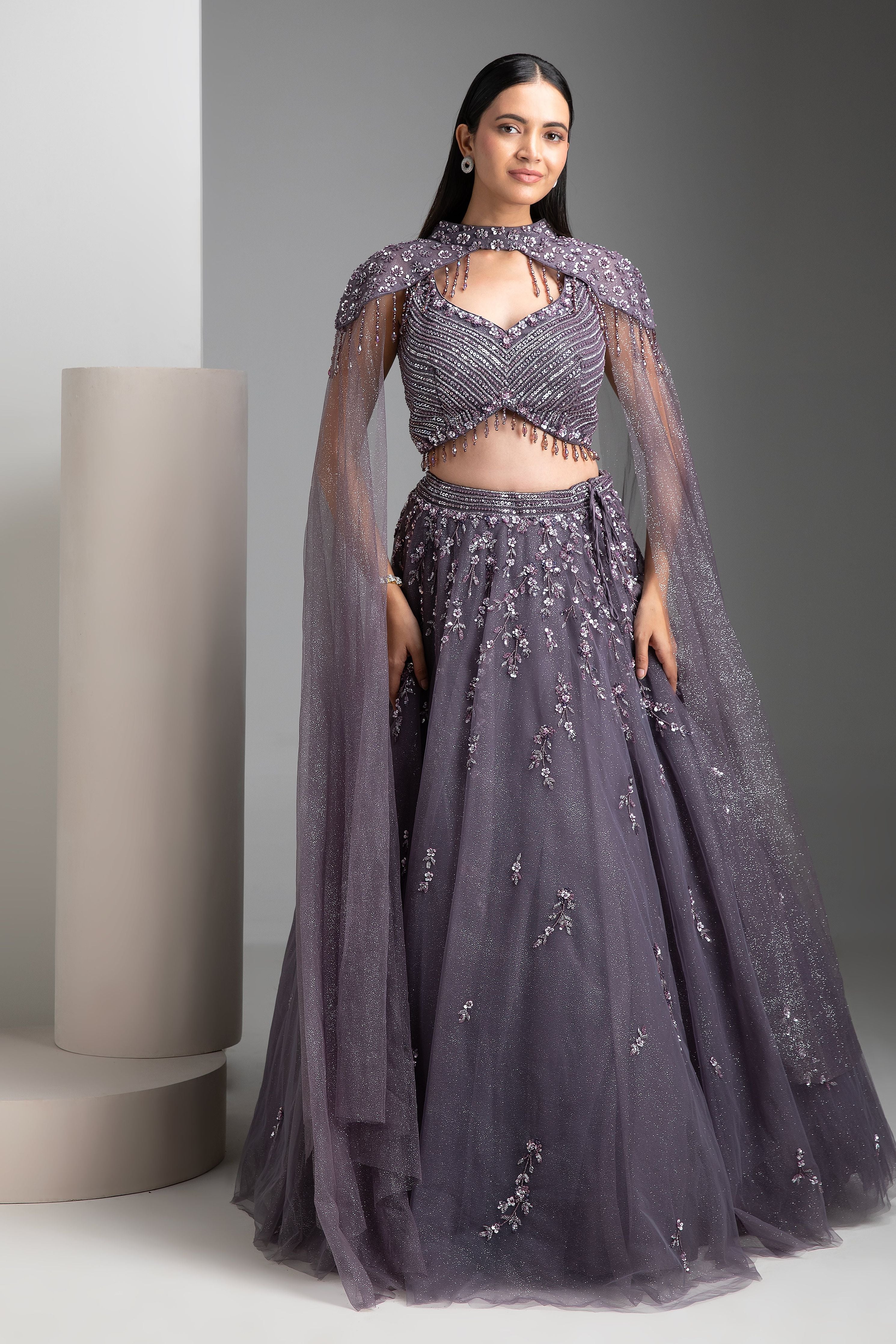 Cloudy Grey Shimmer Lehenga with Cape - Mokshaa