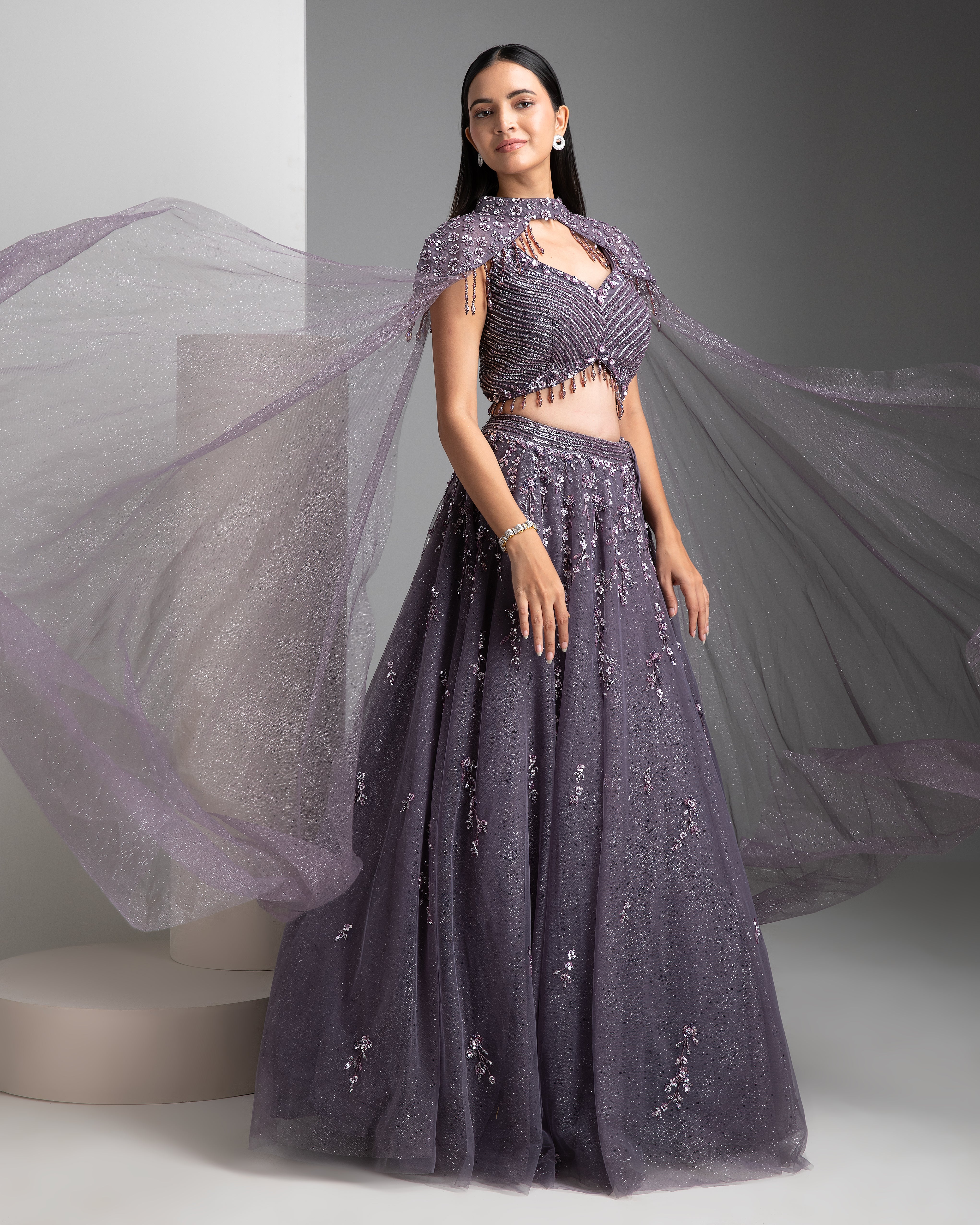 Cloudy Grey Shimmer Lehenga with Cape - Mokshaa