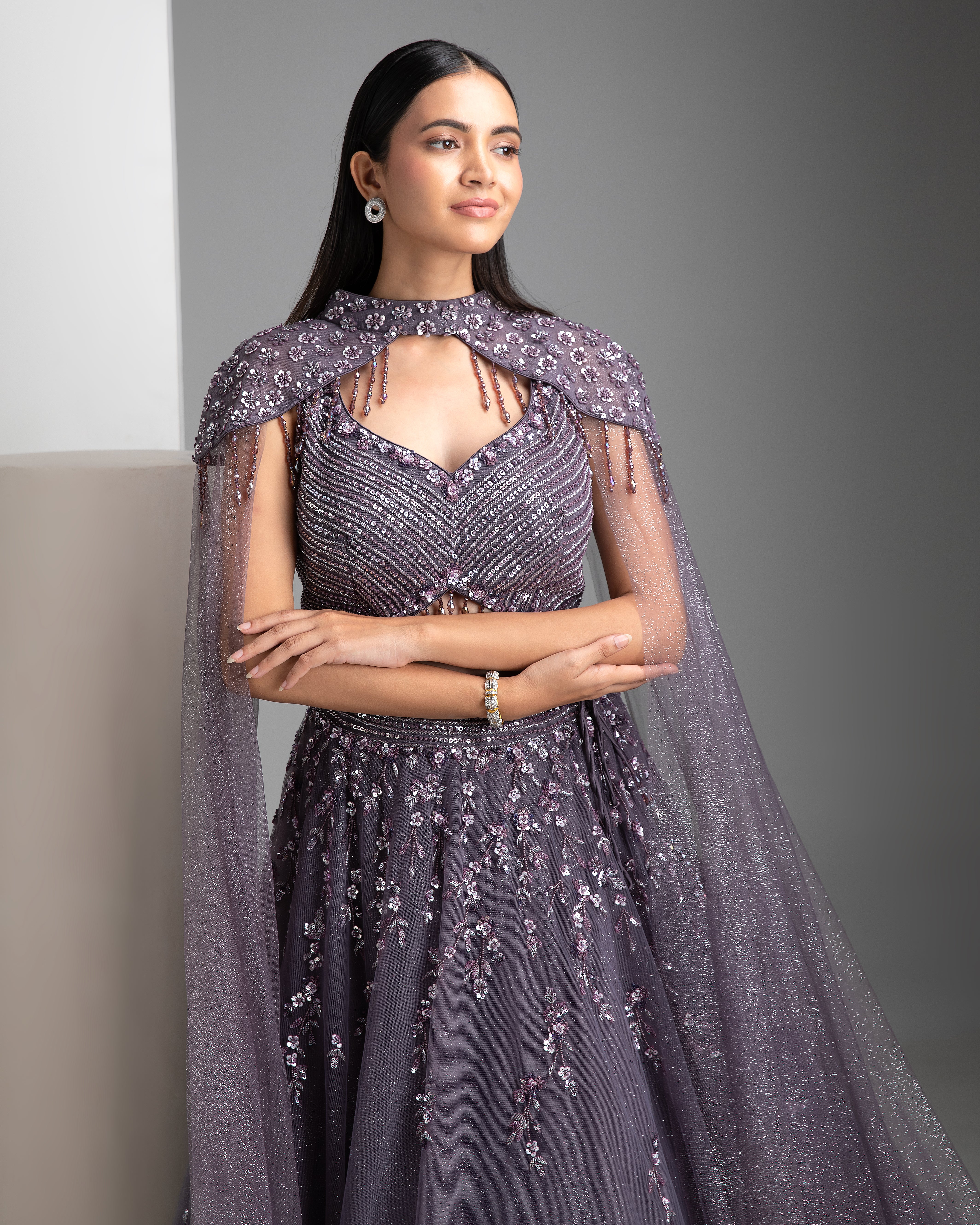 Cloudy Grey Shimmer Lehenga with Cape - Mokshaa