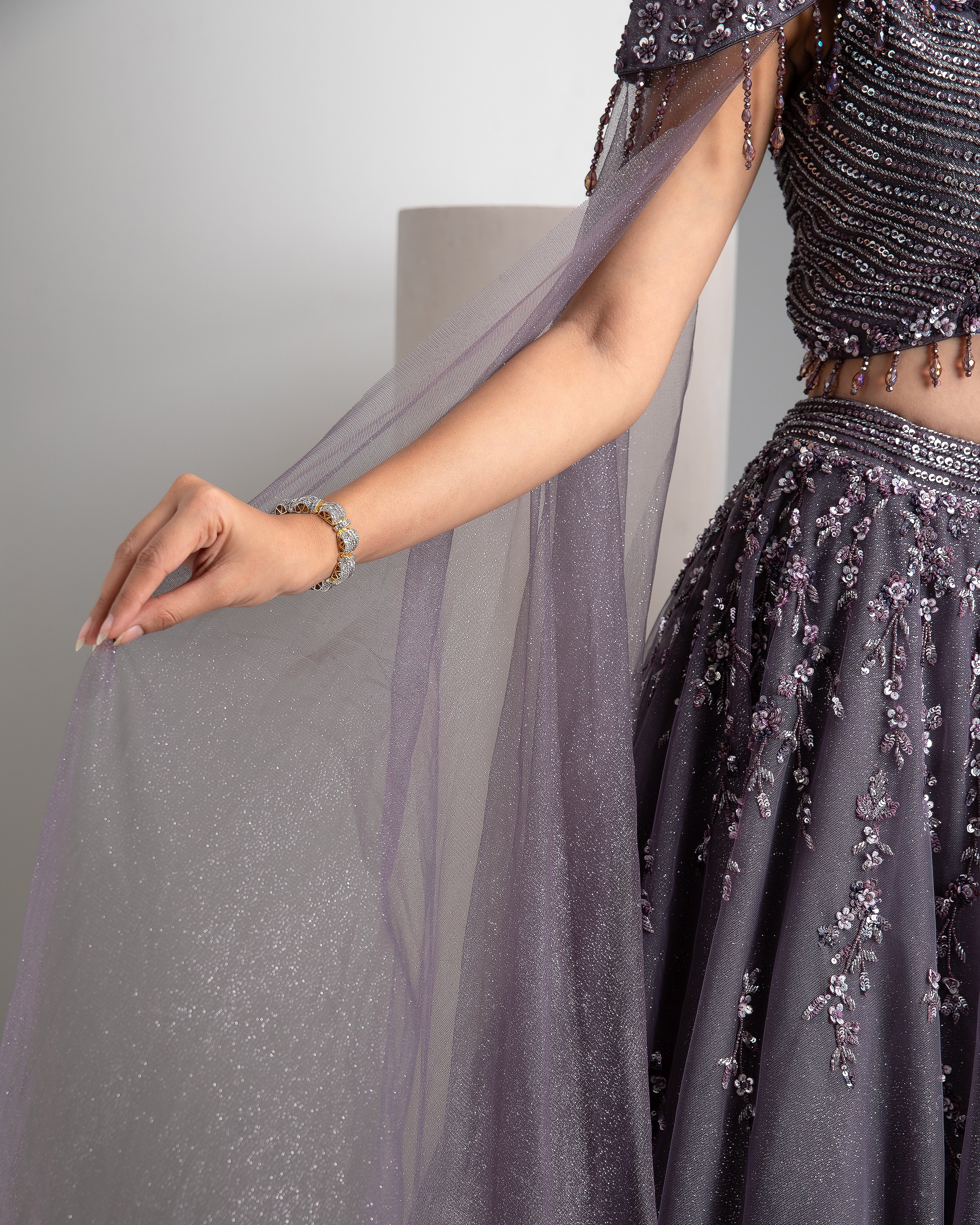 Cloudy Grey Shimmer Lehenga with Cape - Mokshaa