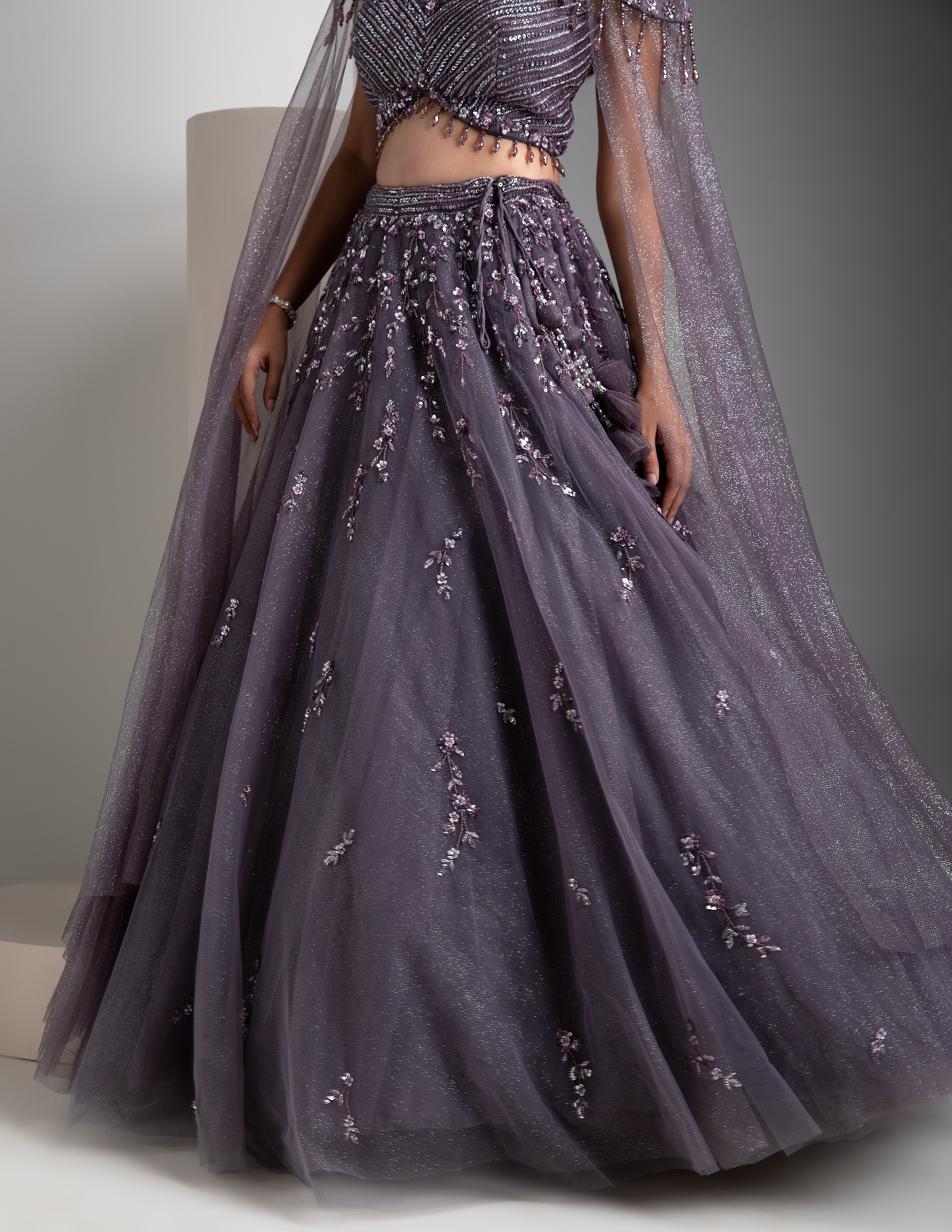 Cloudy Grey Shimmer Lehenga with Cape - Mokshaa