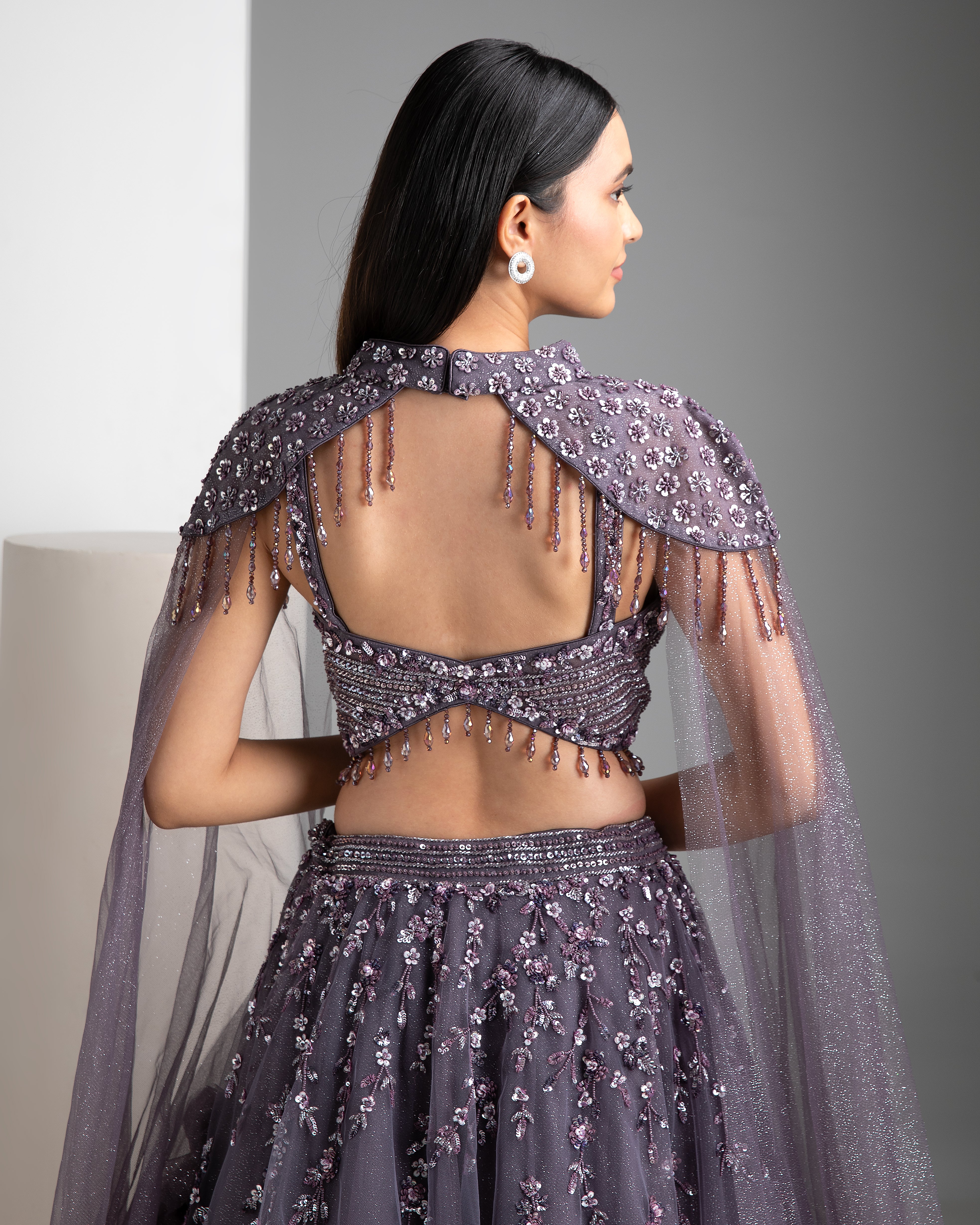 Cloudy Grey Shimmer Lehenga with Cape - Mokshaa