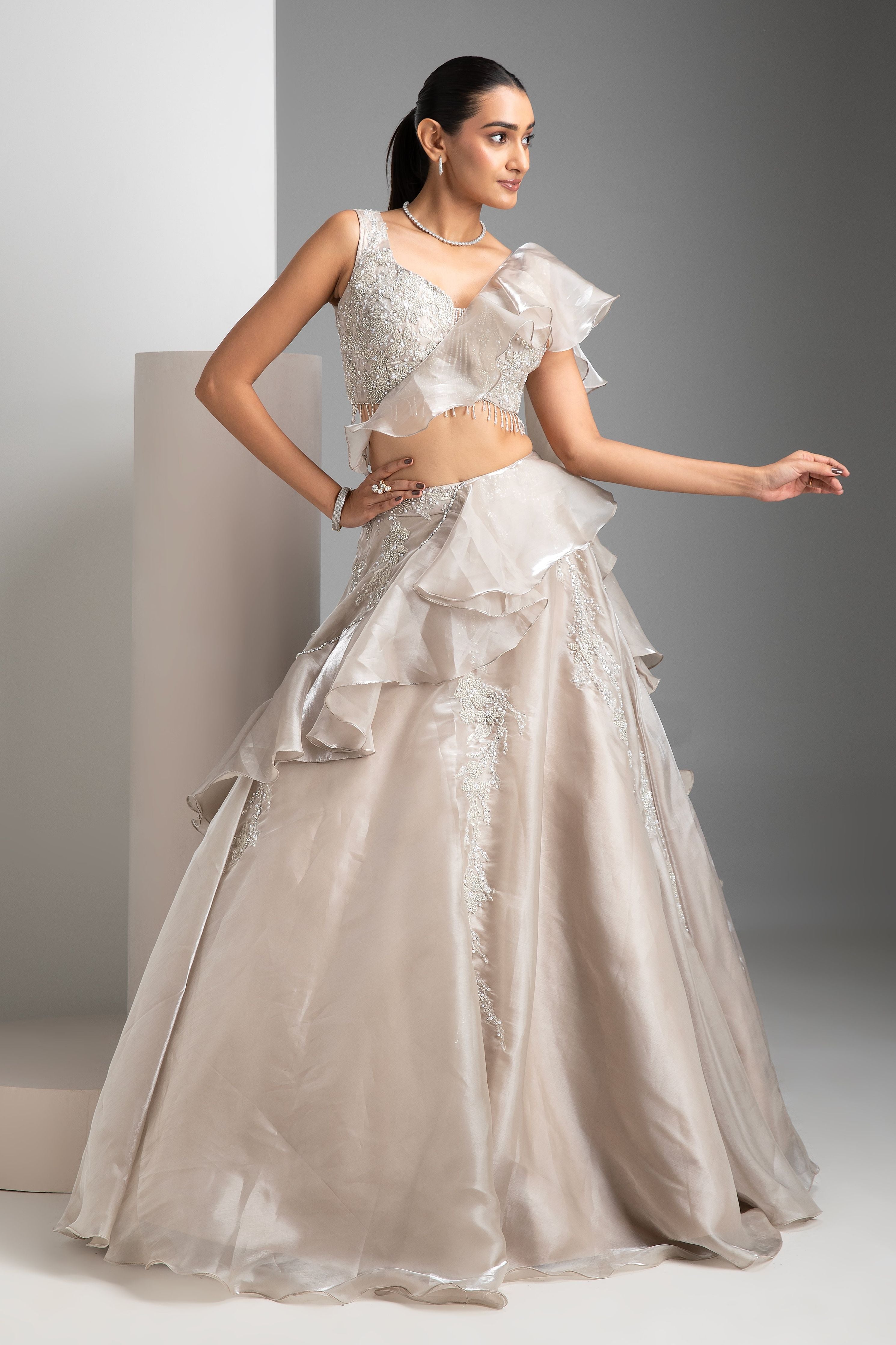 Bone Grey Glass Tissue Lehenga - Mokshaa