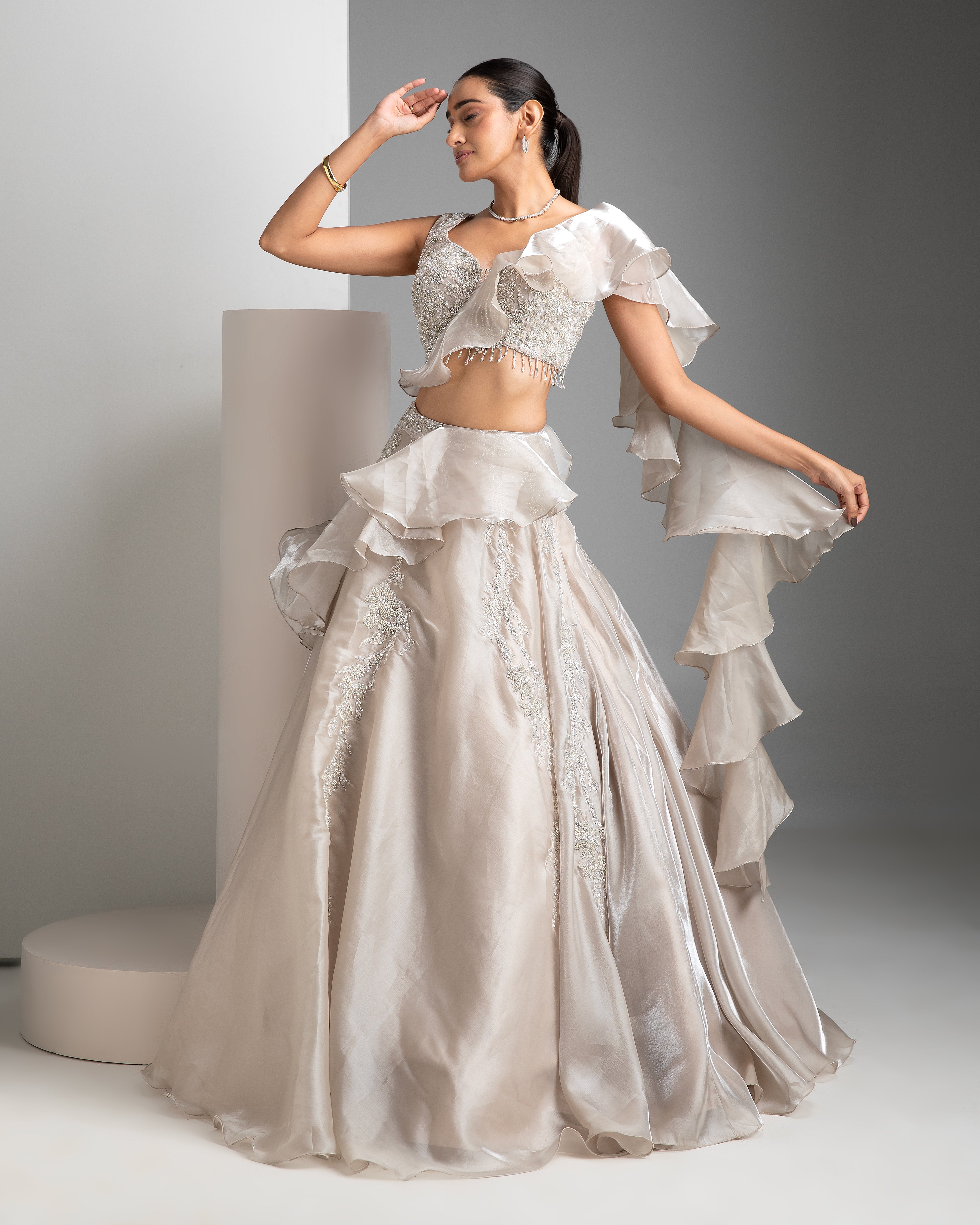 Bone Grey Glass Tissue Lehenga - Mokshaa