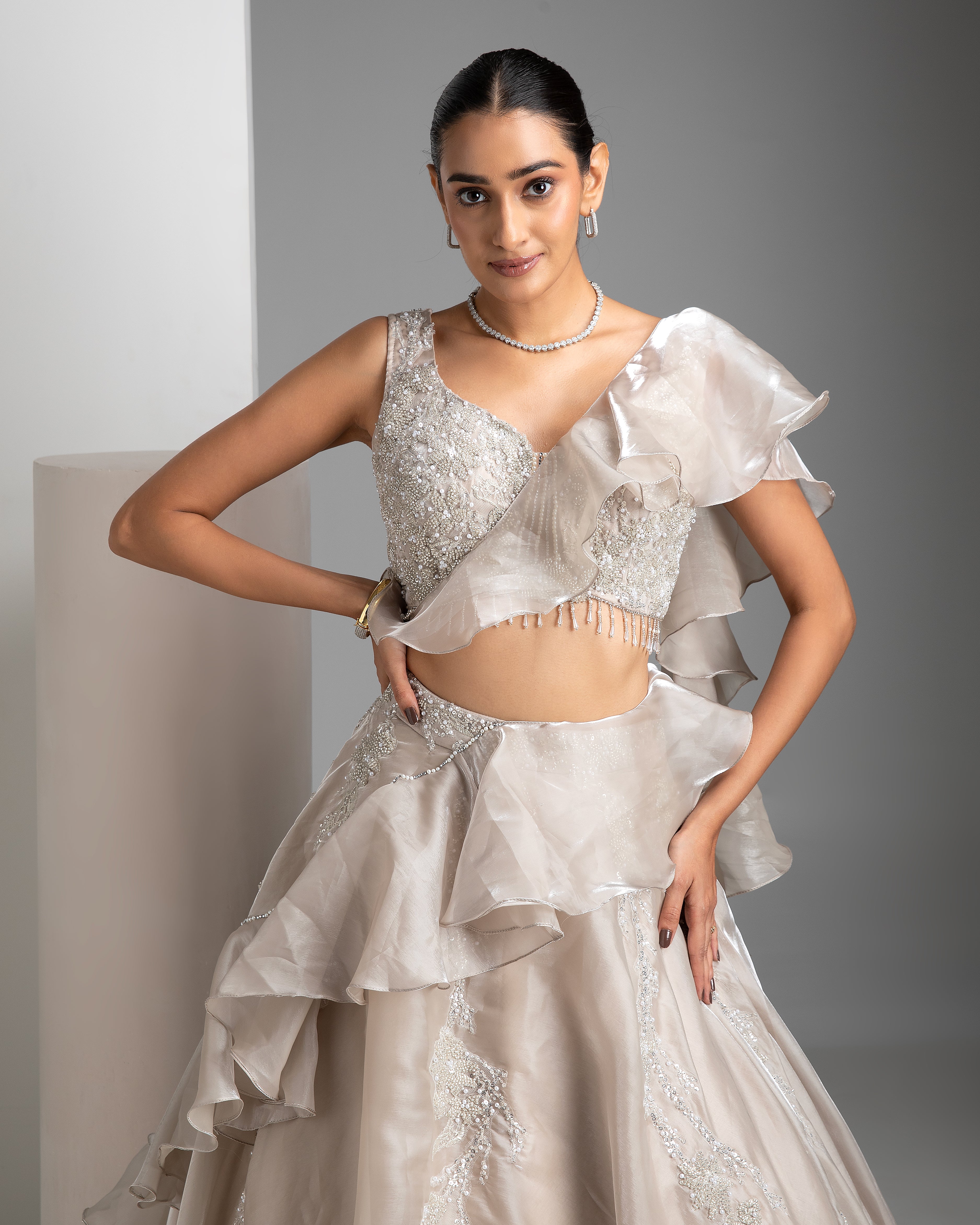 Bone Grey Glass Tissue Lehenga - Mokshaa