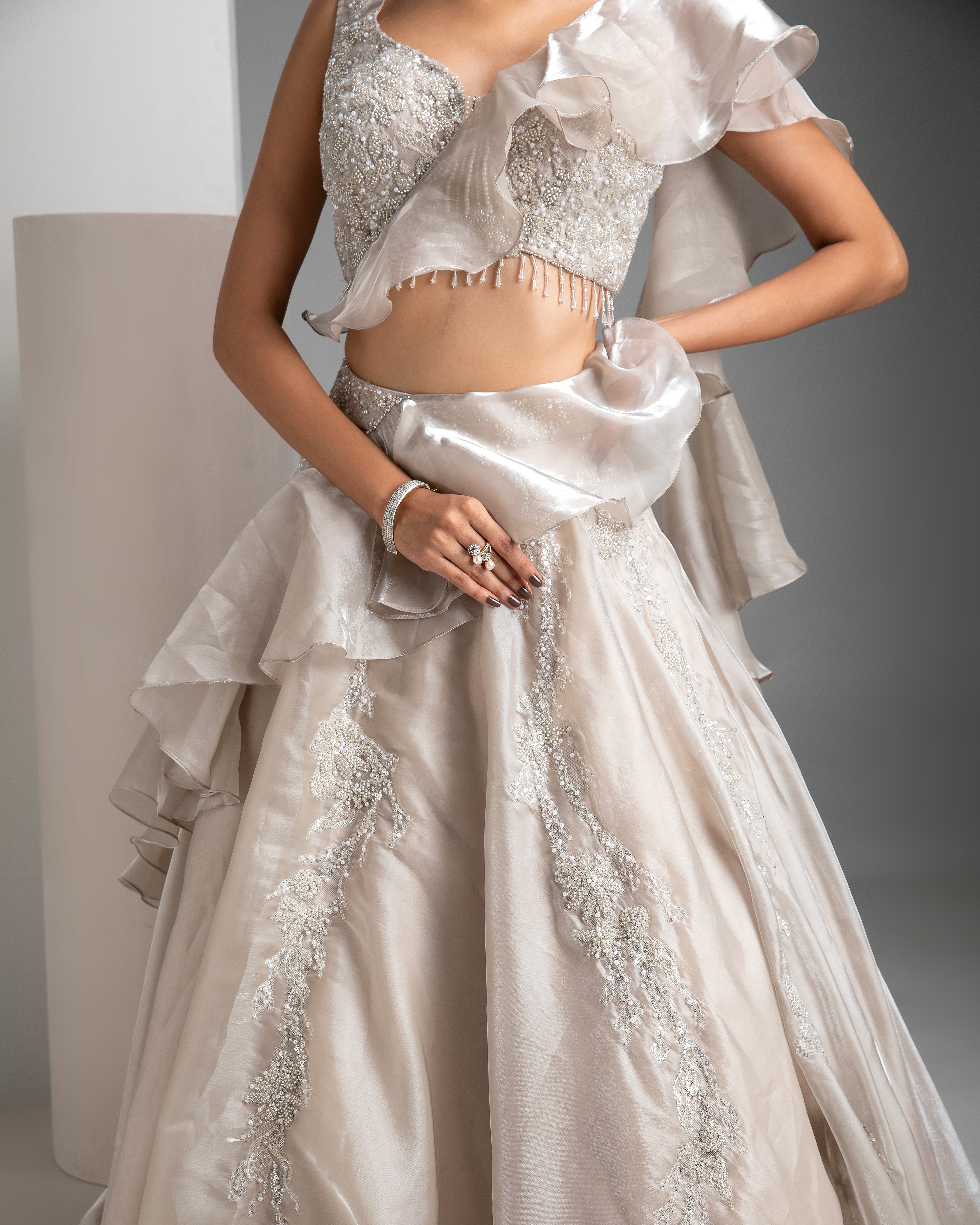 Bone Grey Glass Tissue Lehenga - Mokshaa