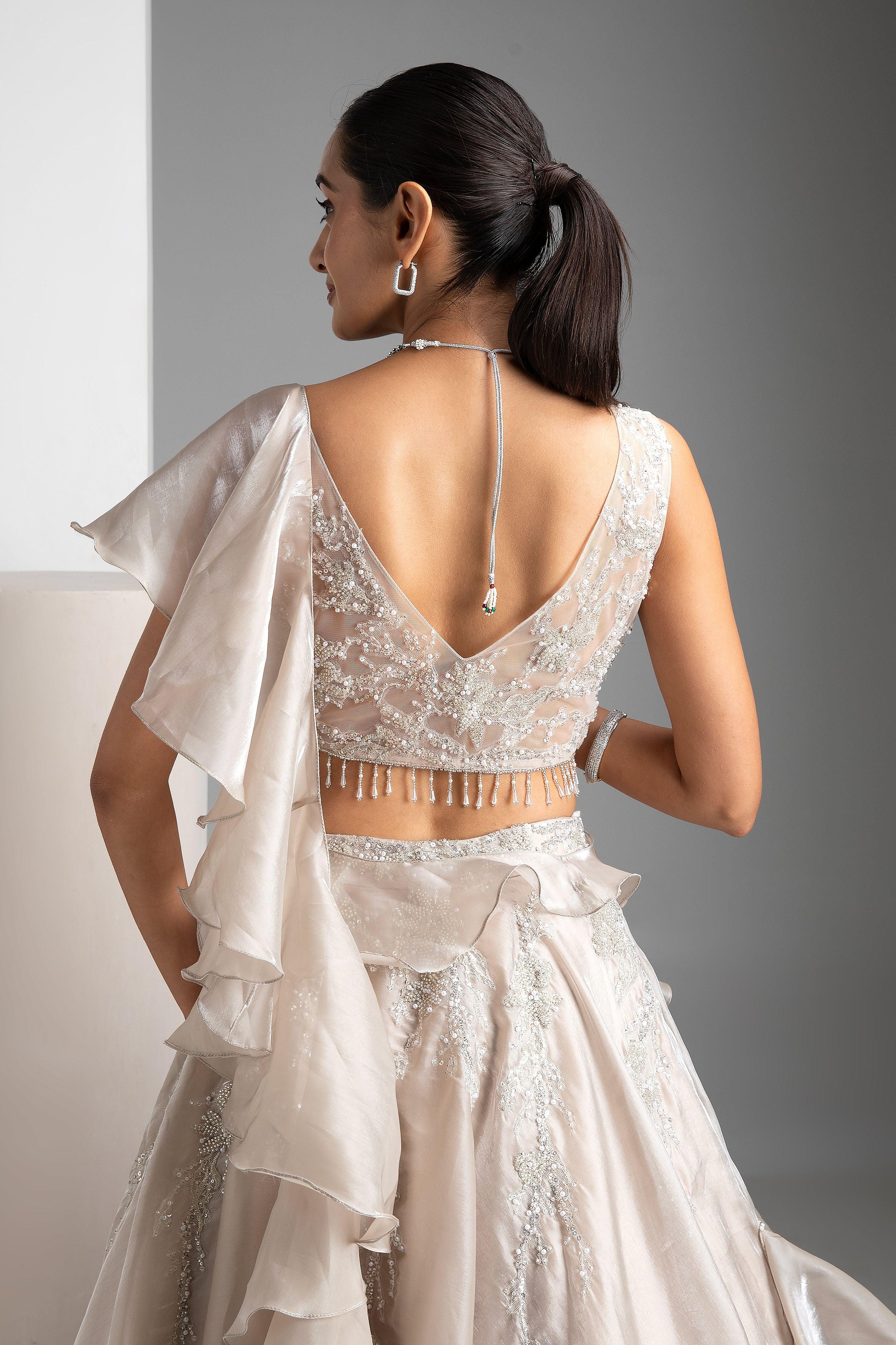 Bone Grey Glass Tissue Lehenga - Mokshaa