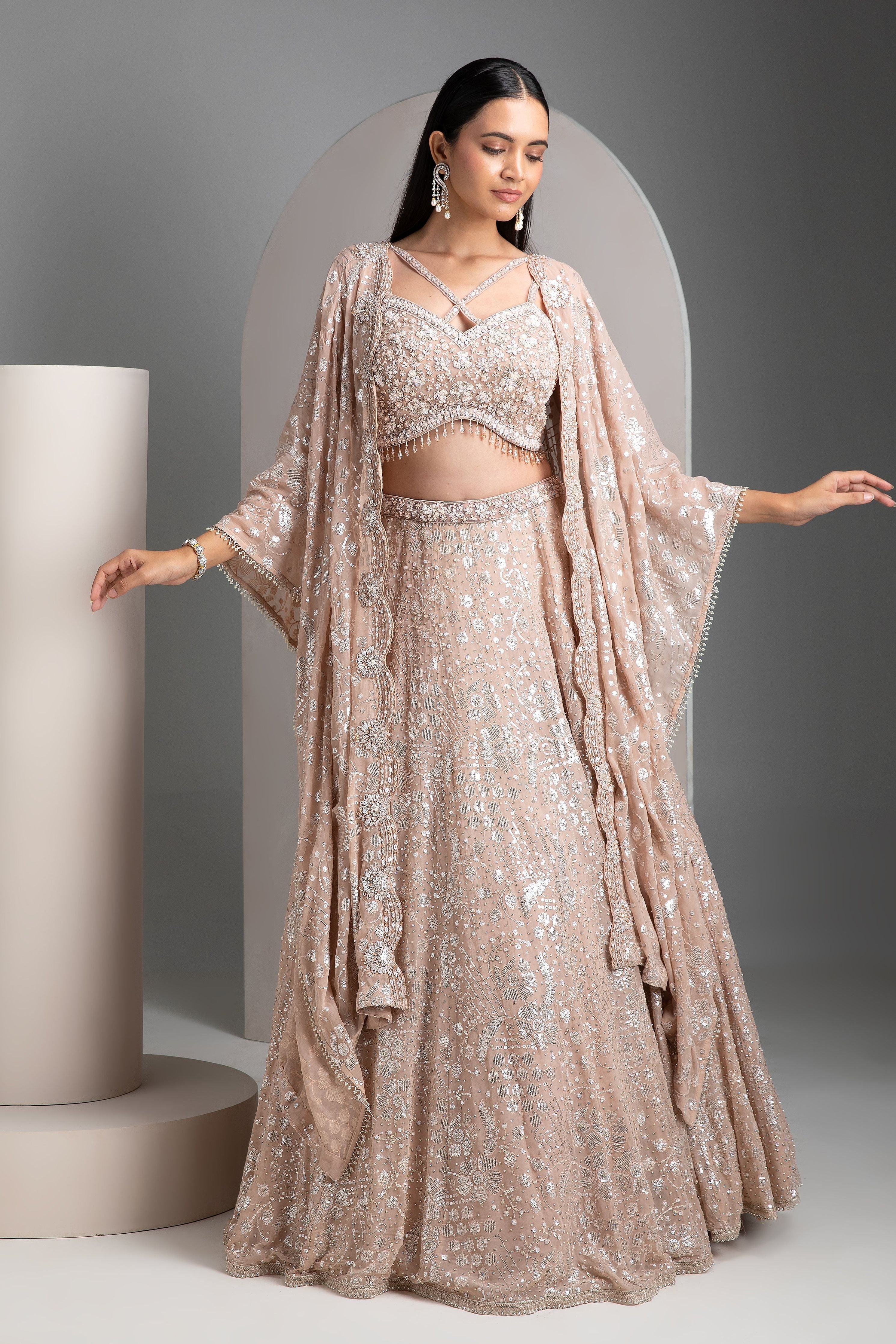 Pale Rose Lehenga with Detachable Cape - Mokshaa