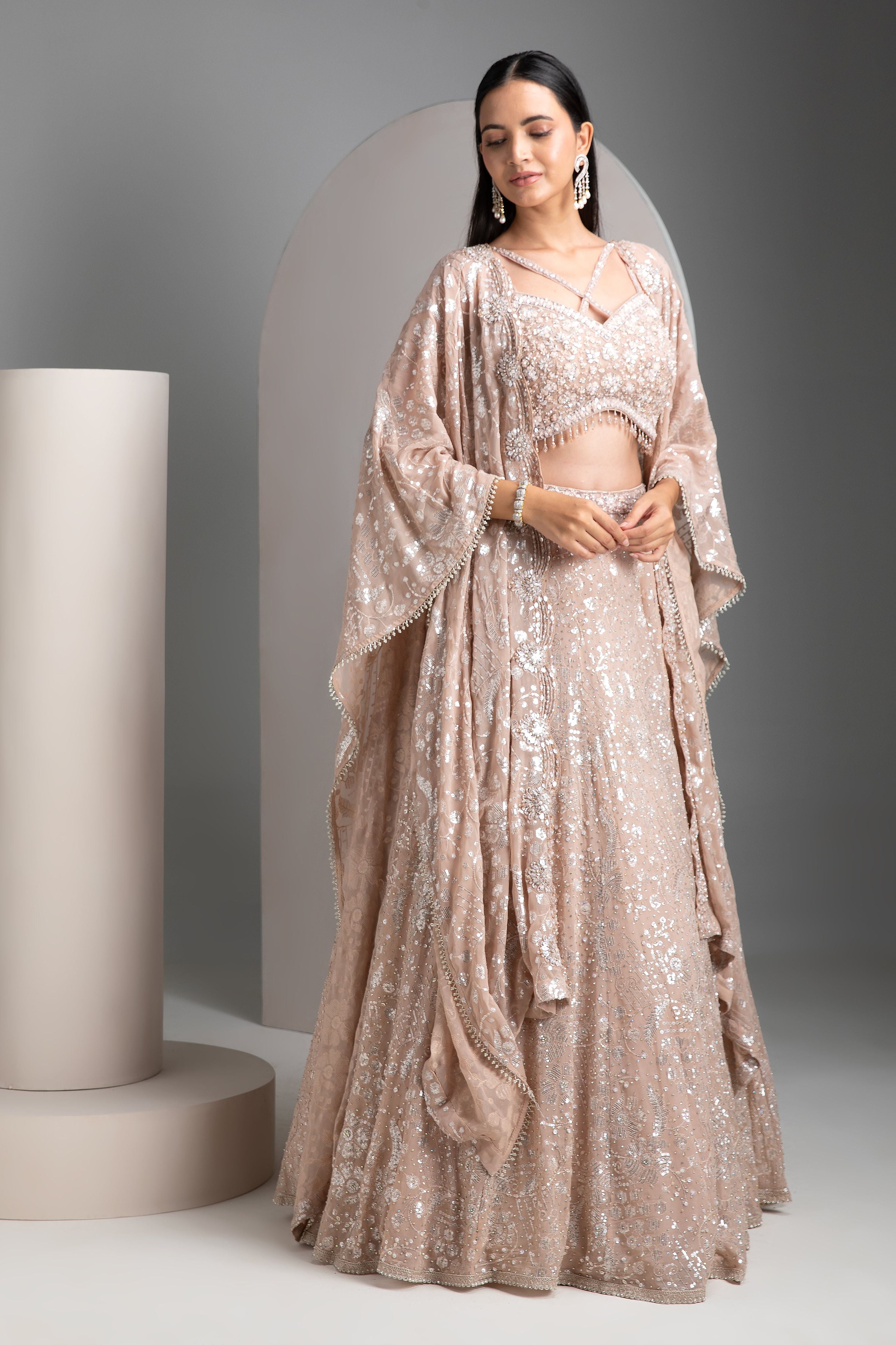 Pale Rose Lehenga with Detachable Cape - Mokshaa