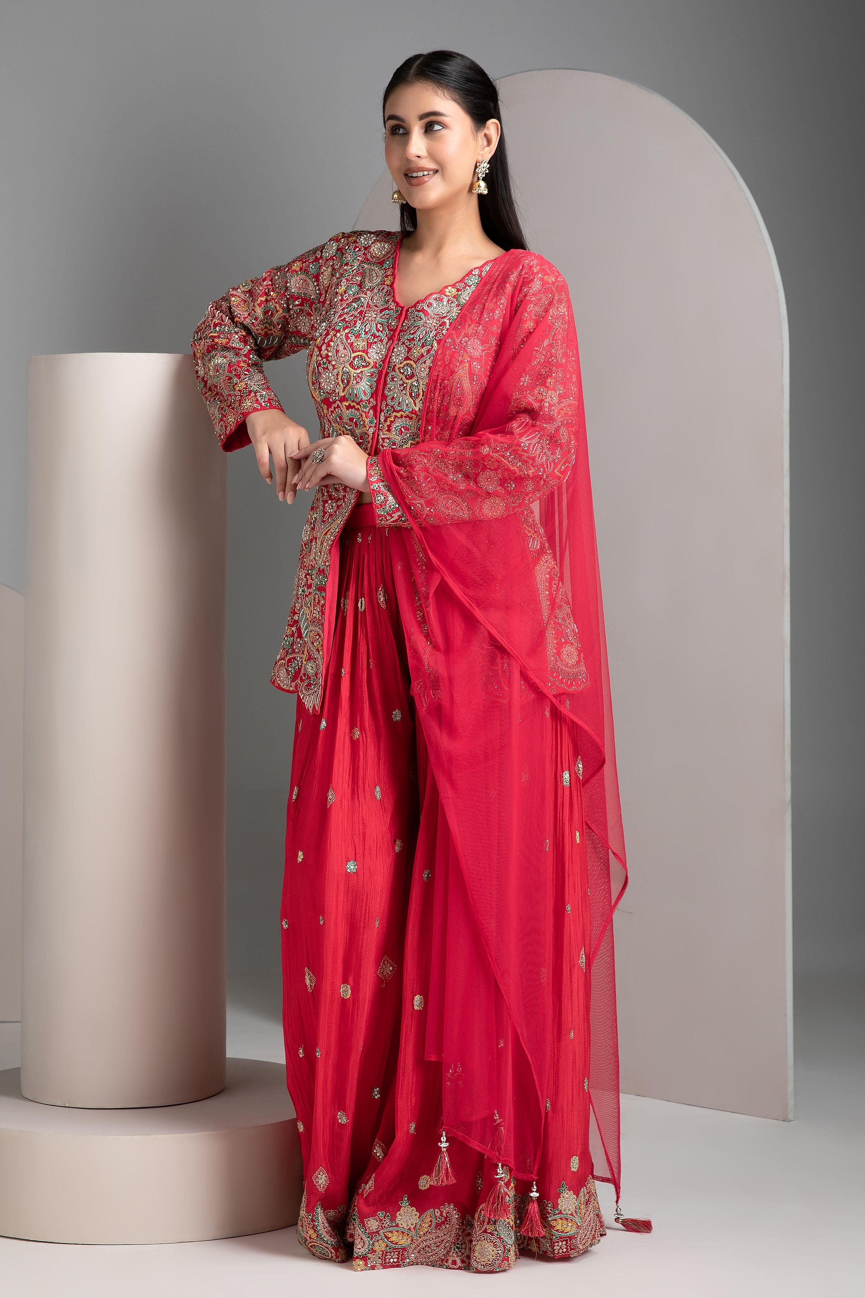 Cherry Red Silk Indo-Western - Mokshaa