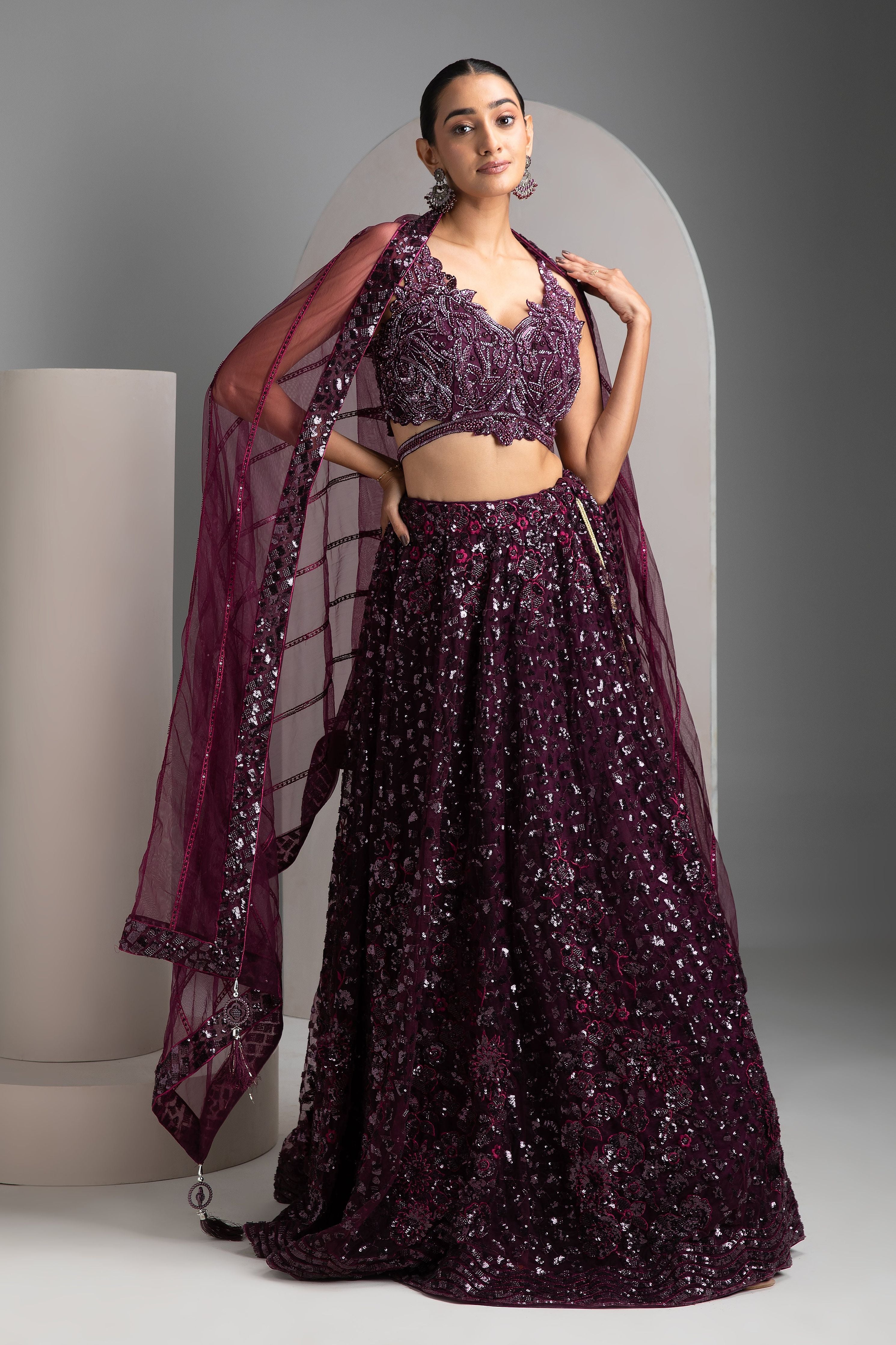 Wine Net Lehenga - Mokshaa