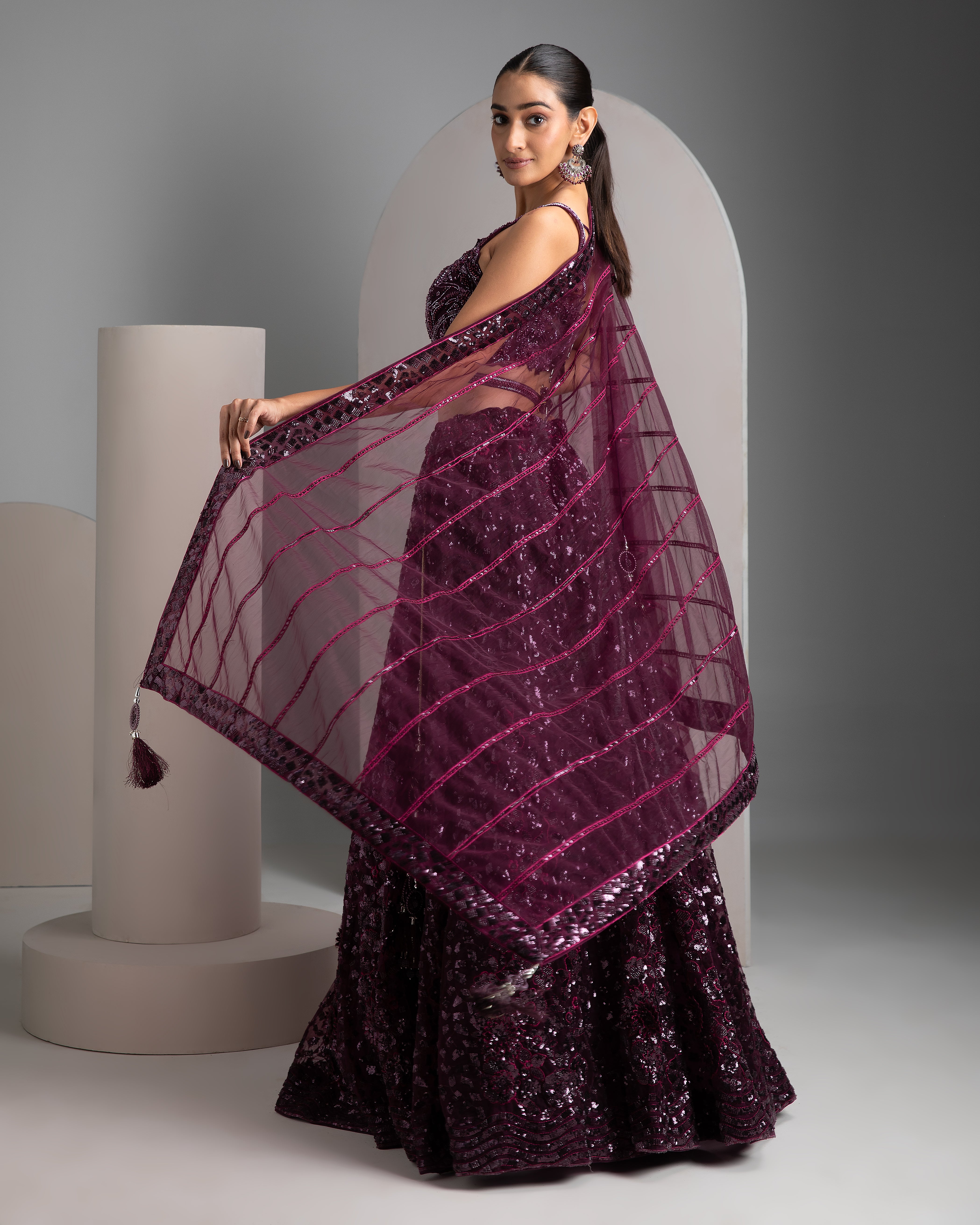 Wine Net Lehenga - Mokshaa