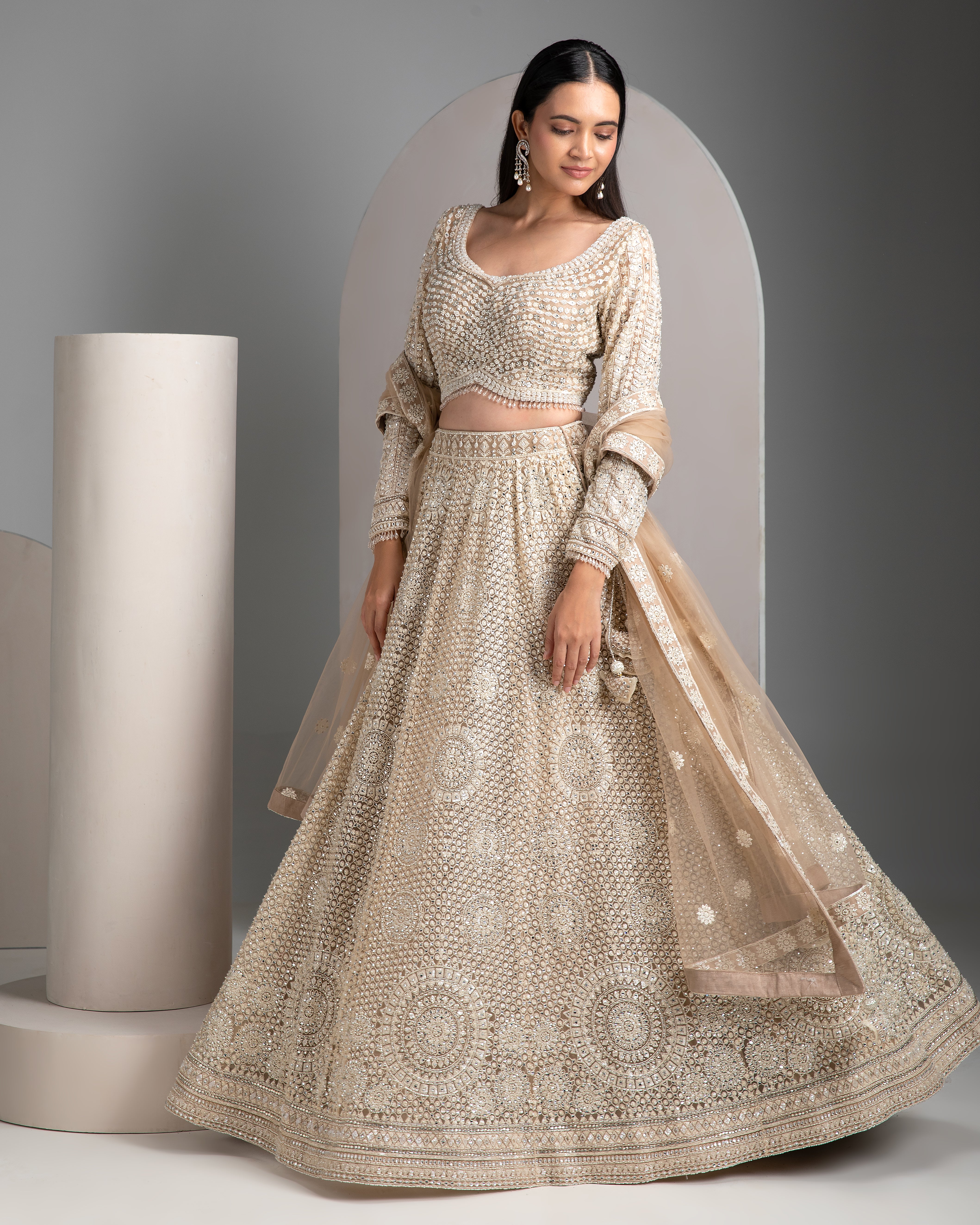 Beige Gold Net Lehenga Set - Mokshaa