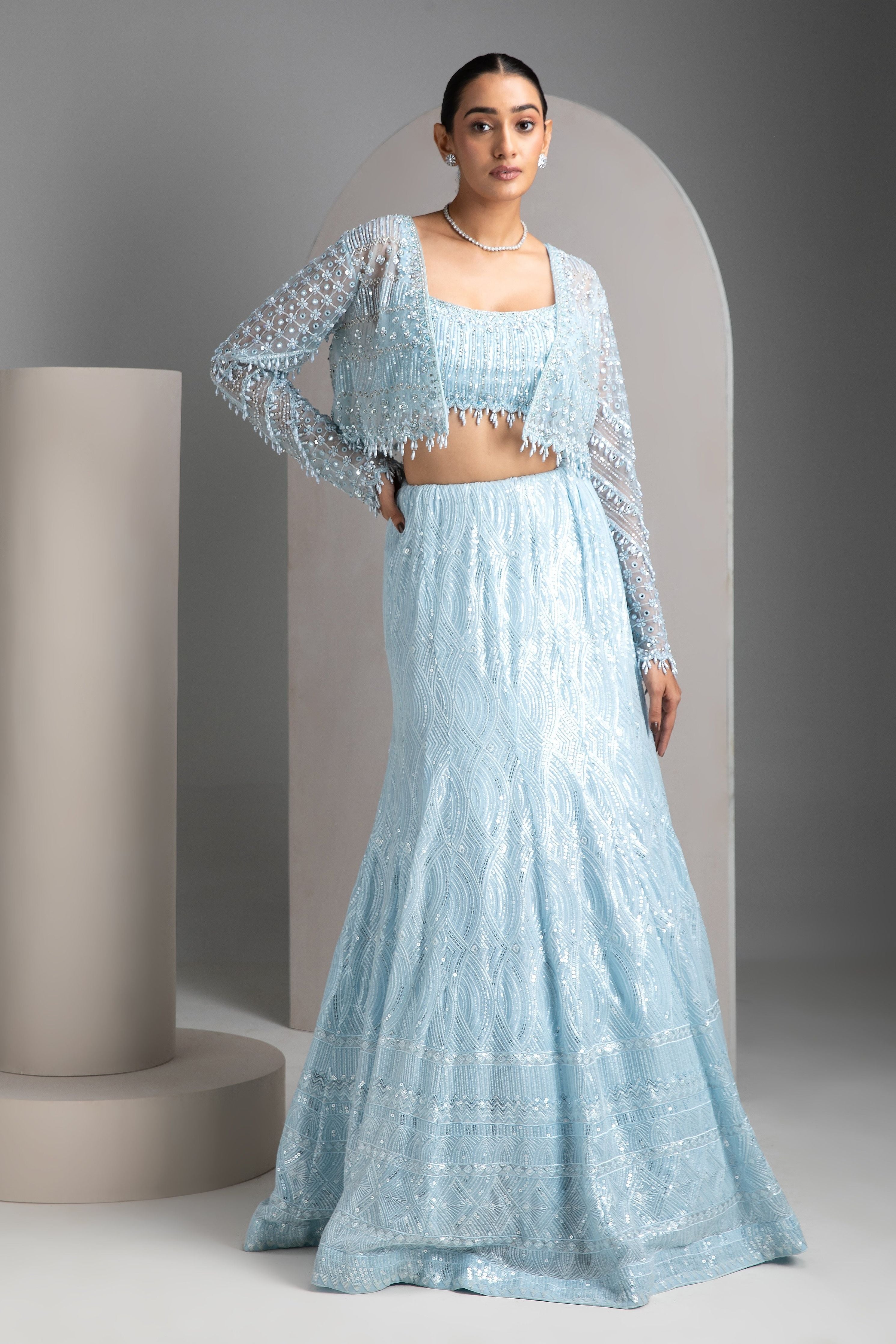 Icy Blue Mermaid Cut Lehenga Set - Mokshaa