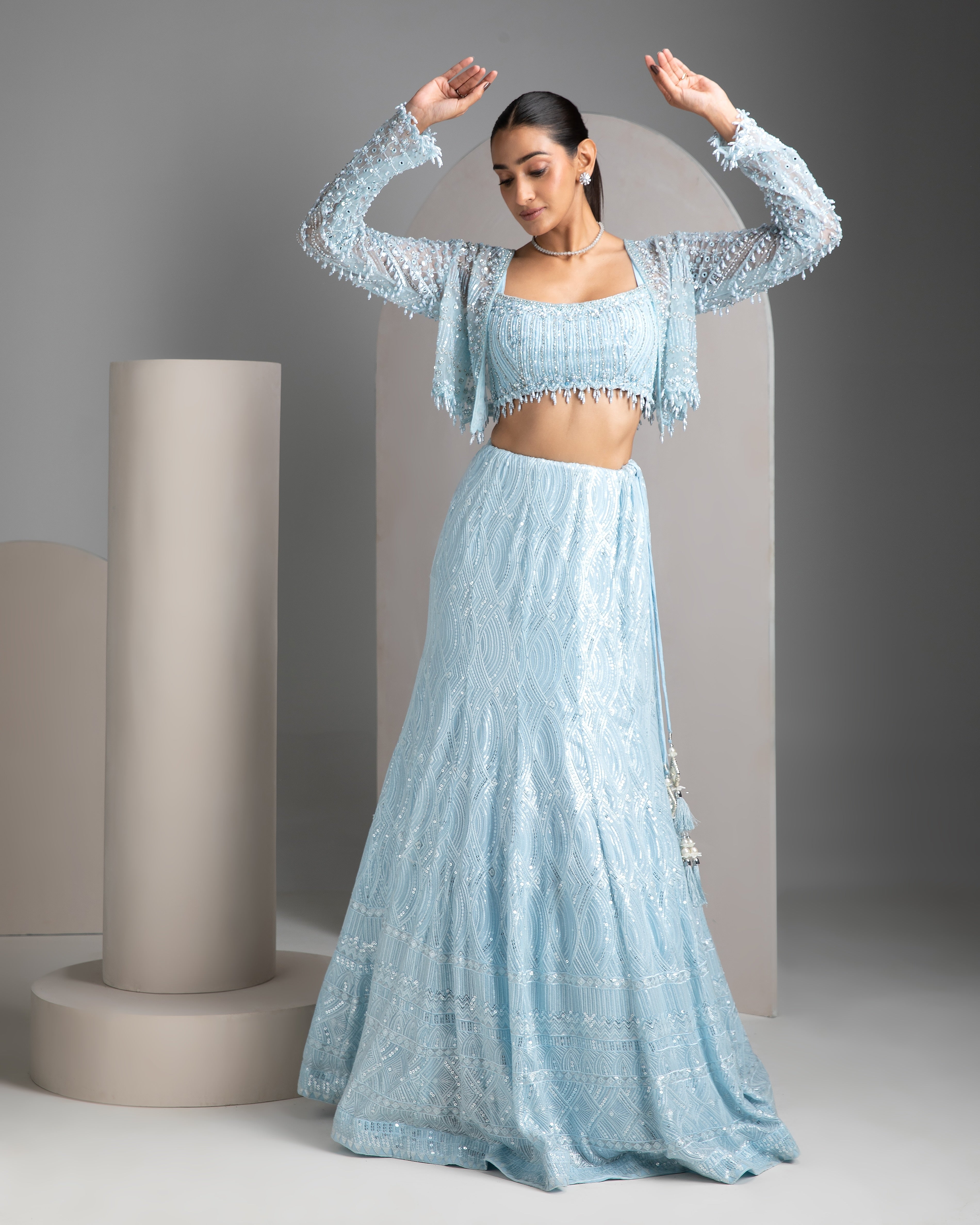 Icy Blue Mermaid Cut Lehenga Set - Mokshaa