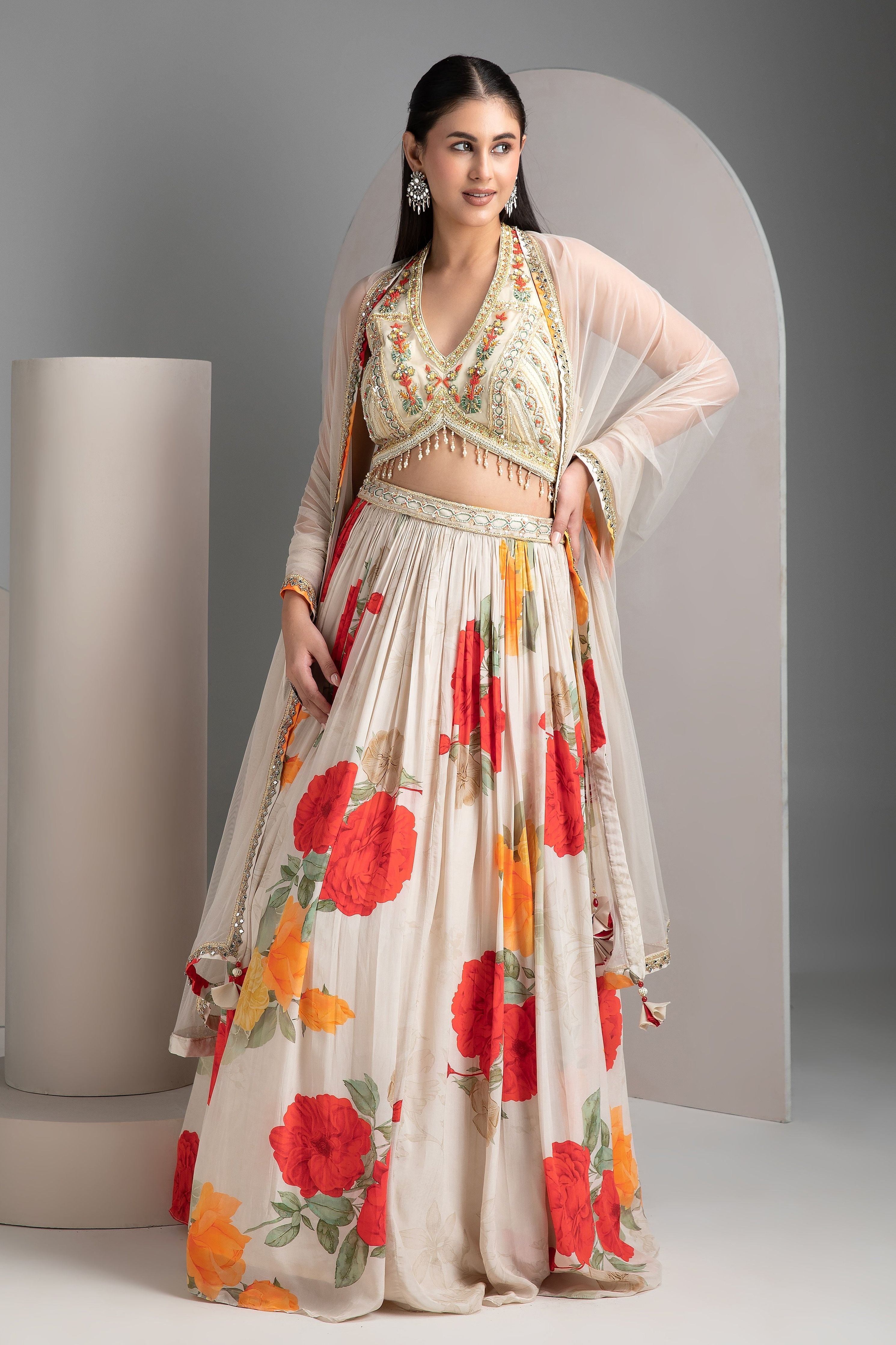 Ivory Floral Lehenga with Embroidered Blouse - Mokshaa