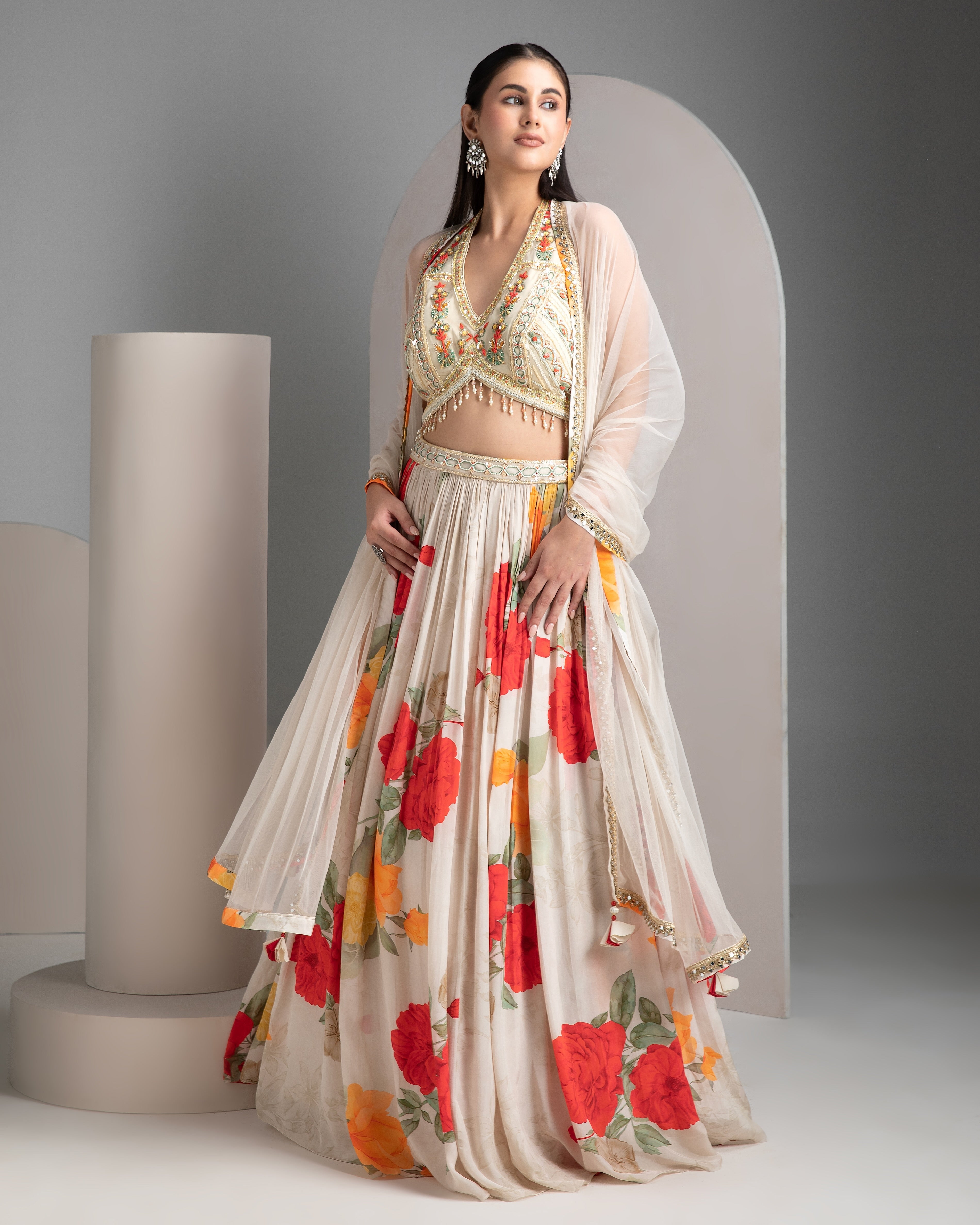 Ivory Floral Lehenga with Embroidered Blouse - Mokshaa