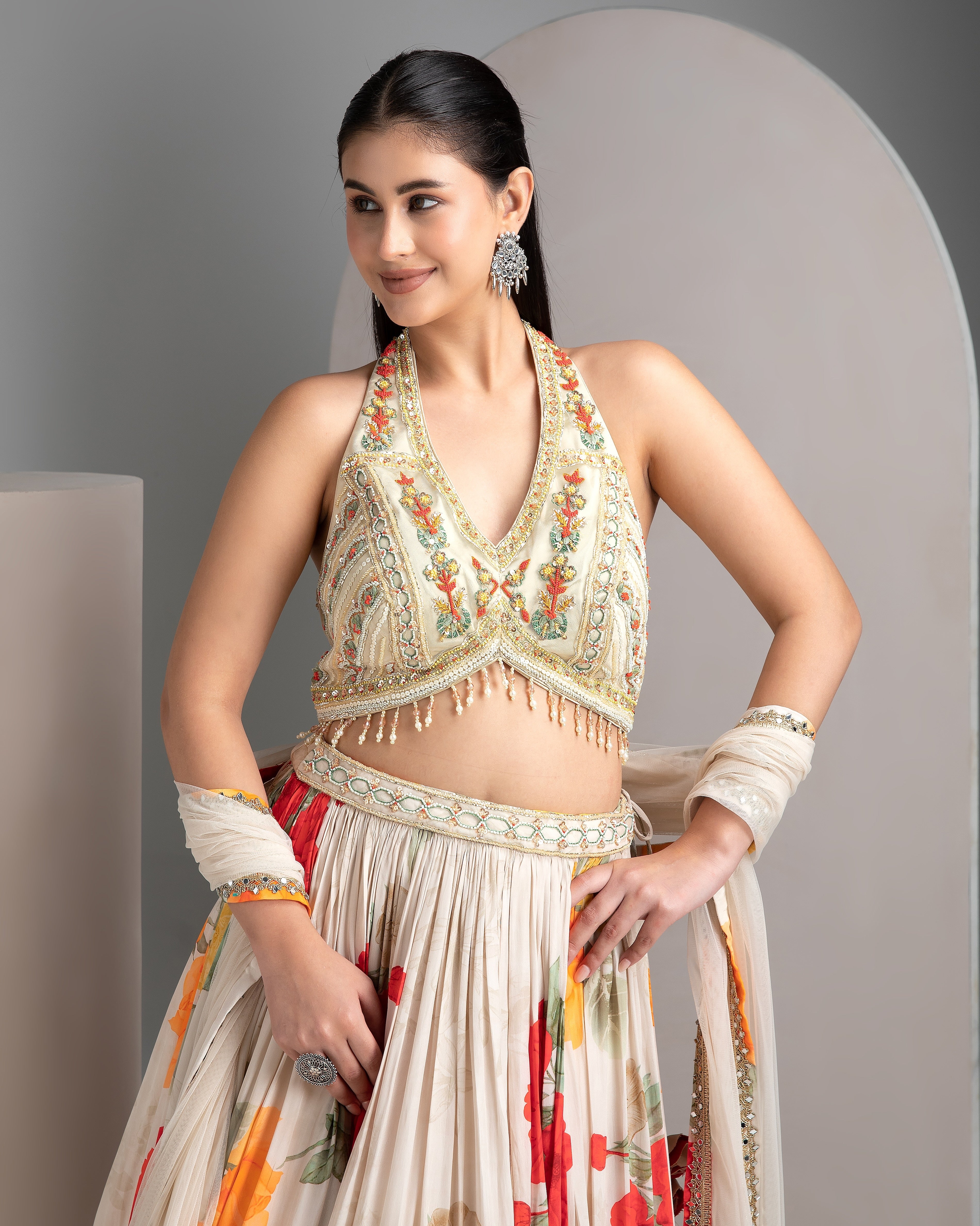 Ivory Floral Lehenga with Embroidered Blouse - Mokshaa