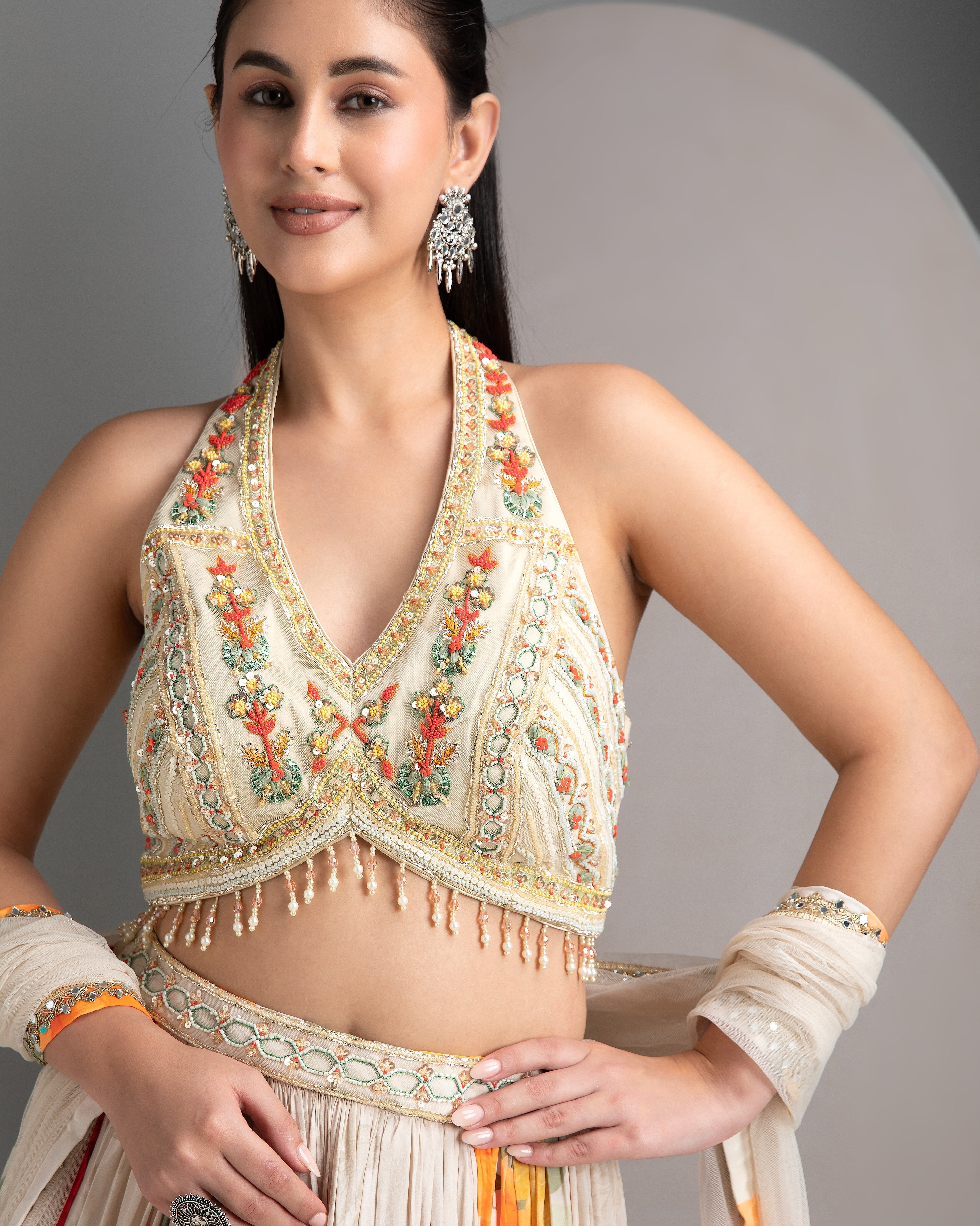 Ivory Floral Lehenga with Embroidered Blouse - Mokshaa