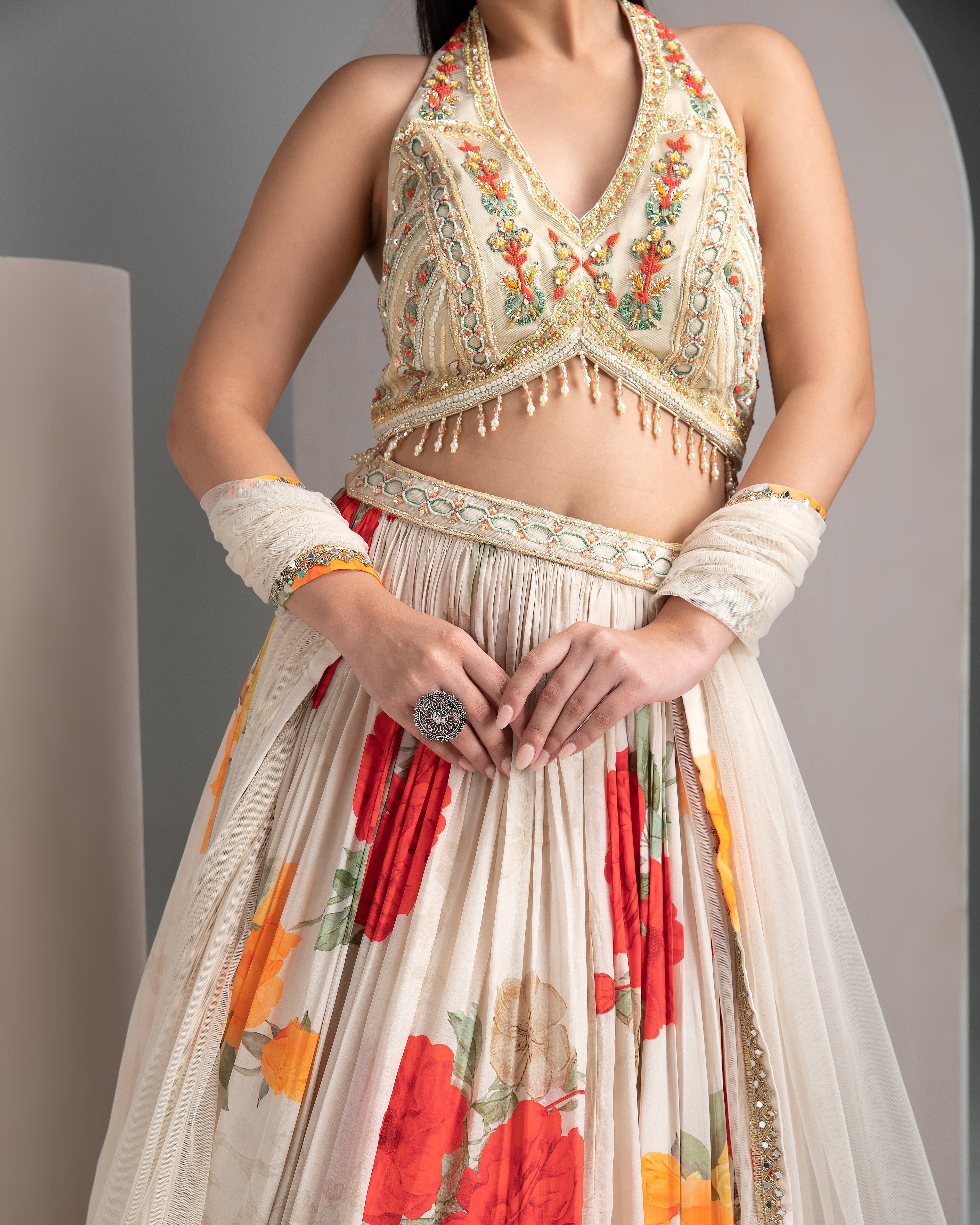 Ivory Floral Lehenga with Embroidered Blouse - Mokshaa