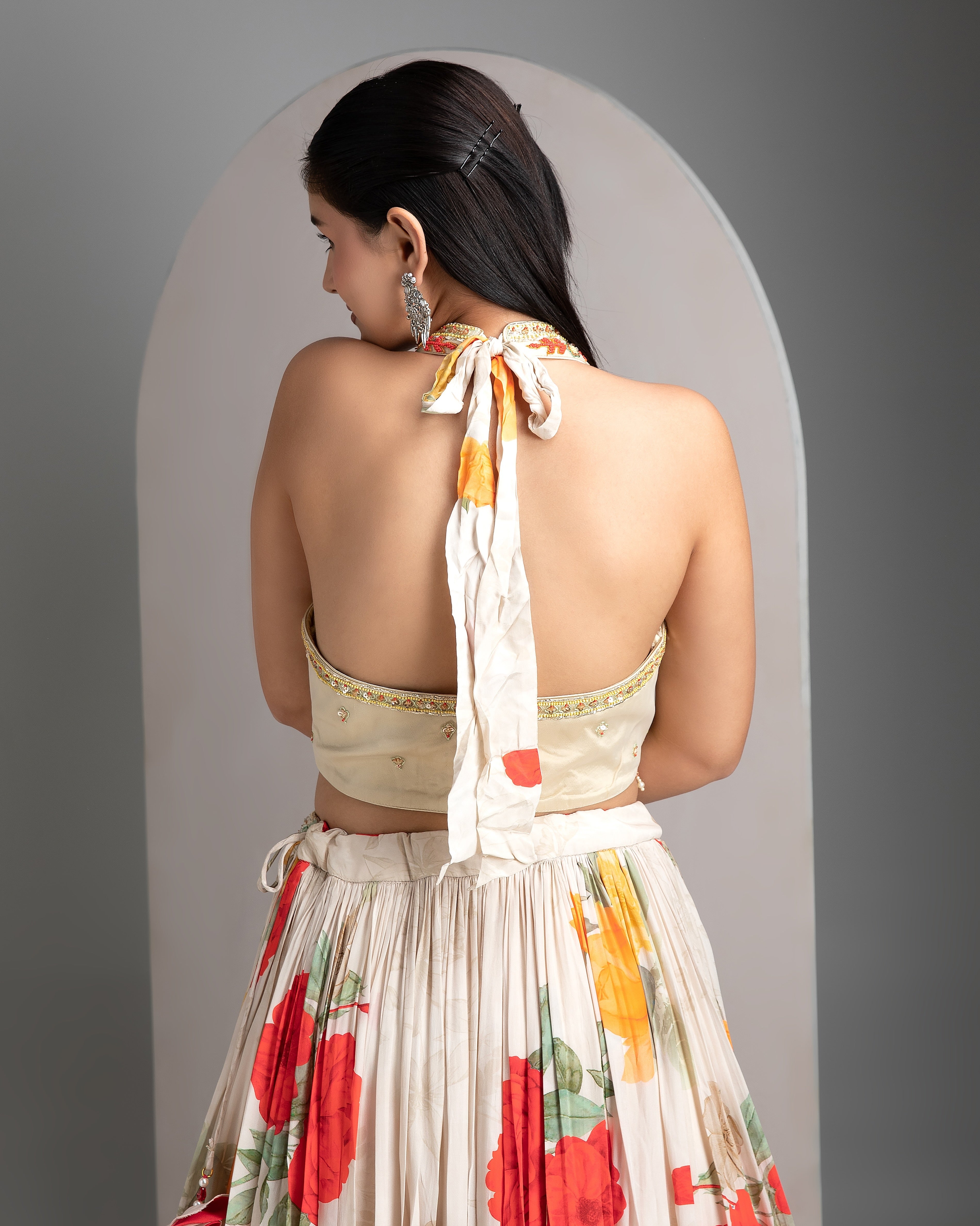 Ivory Floral Lehenga with Embroidered Blouse - Mokshaa