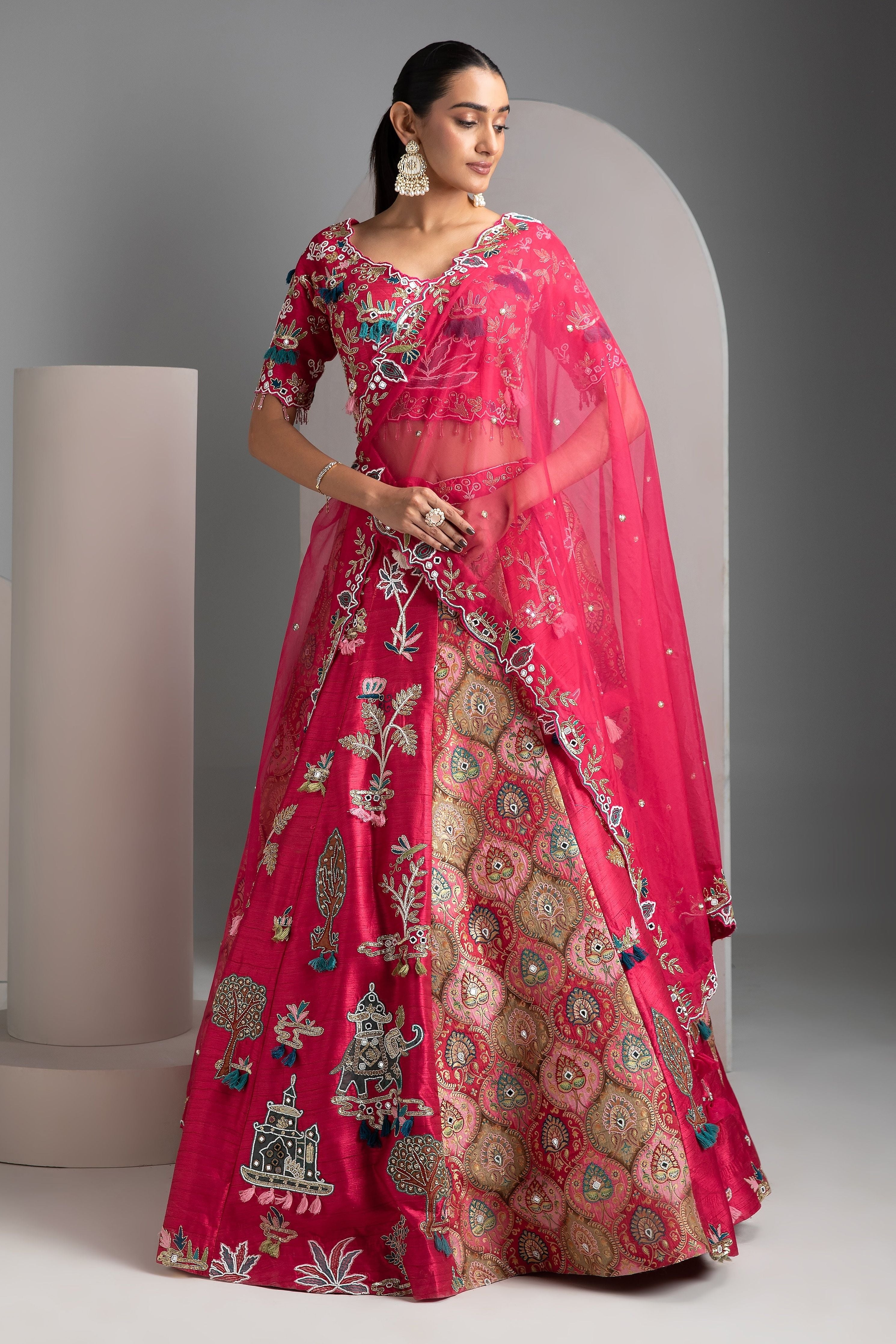 Hot Pink Silk Lehenga Set - Mokshaa