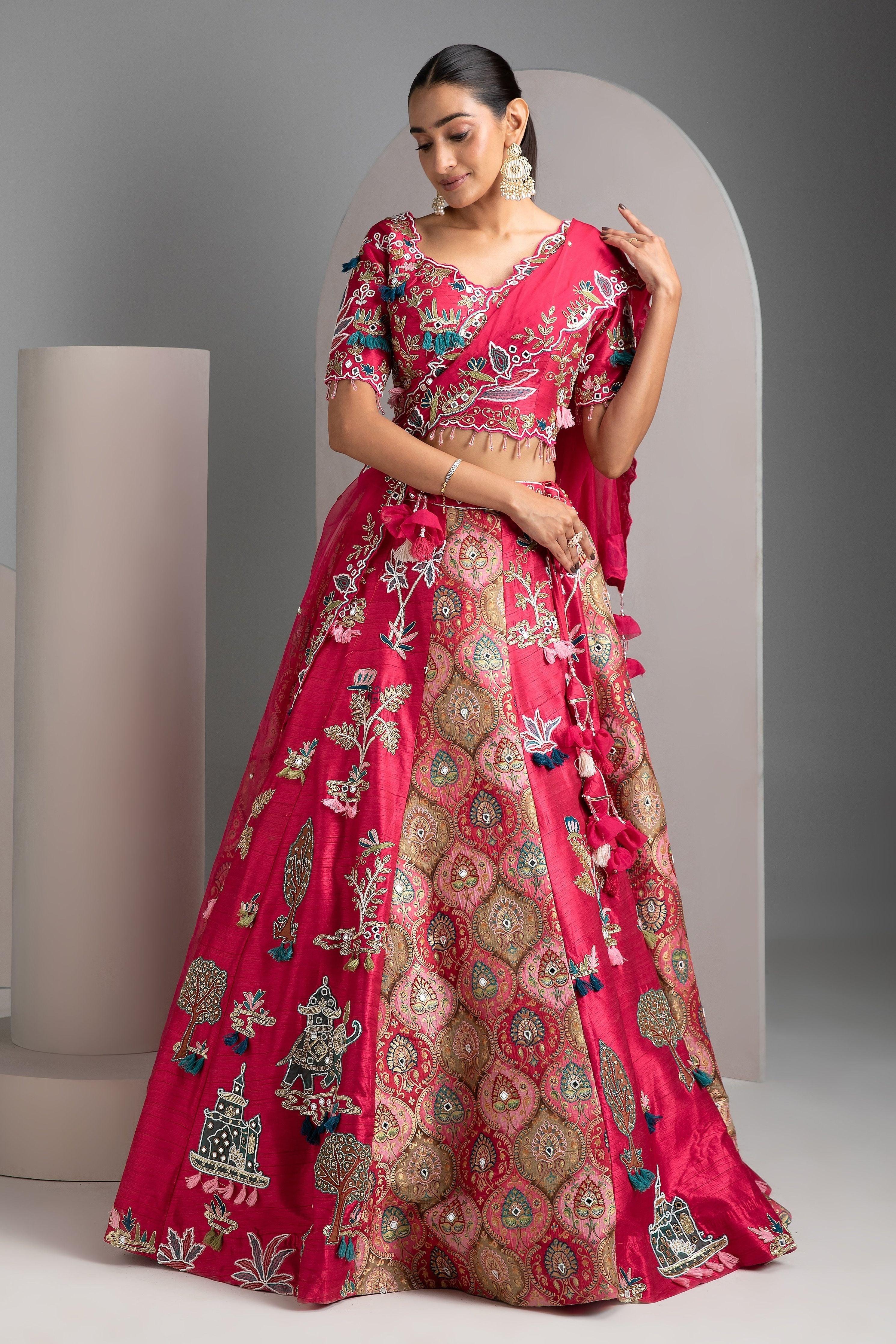 Hot Pink Silk Lehenga Set - Mokshaa