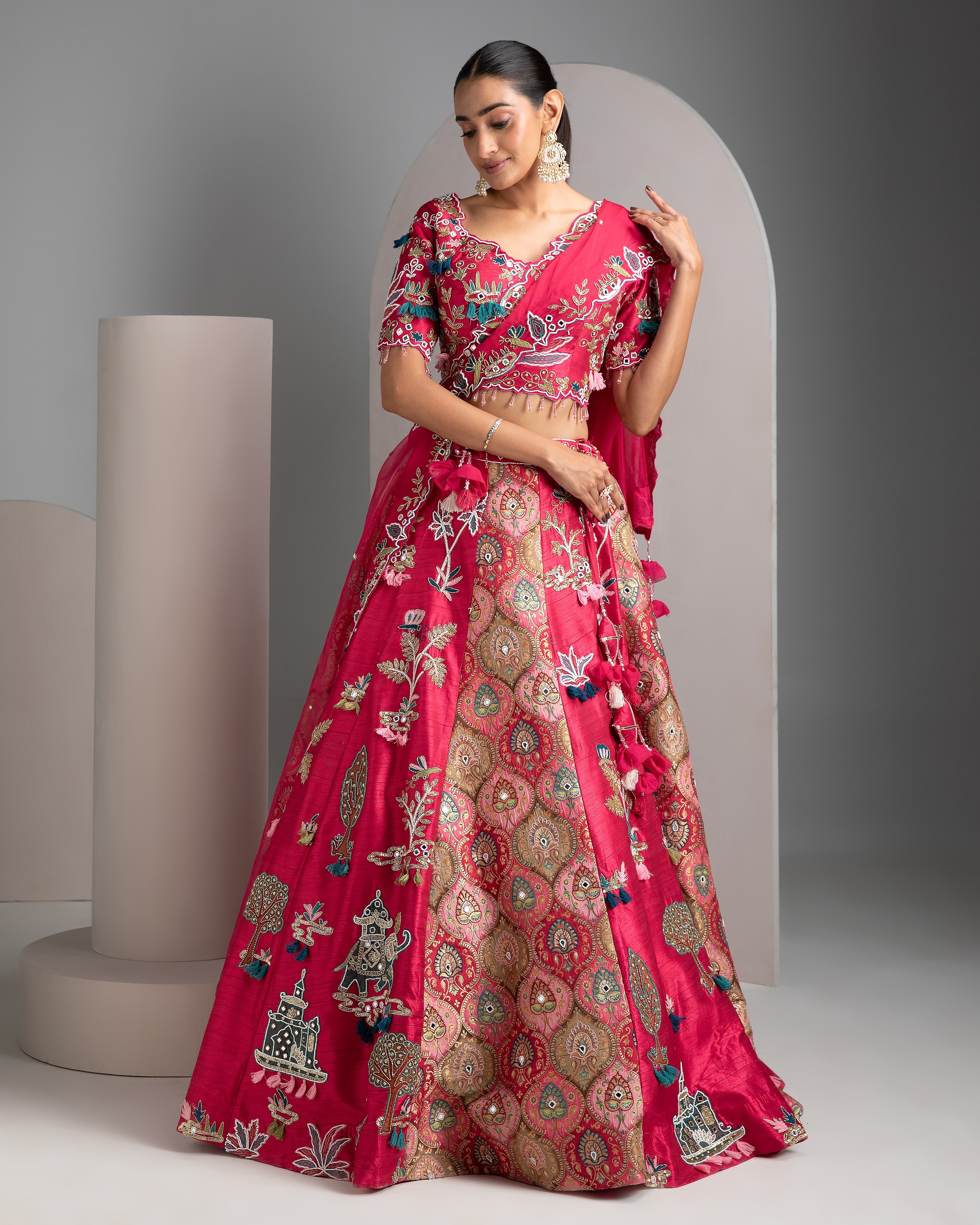 Hot Pink Silk Lehenga Set - Mokshaa