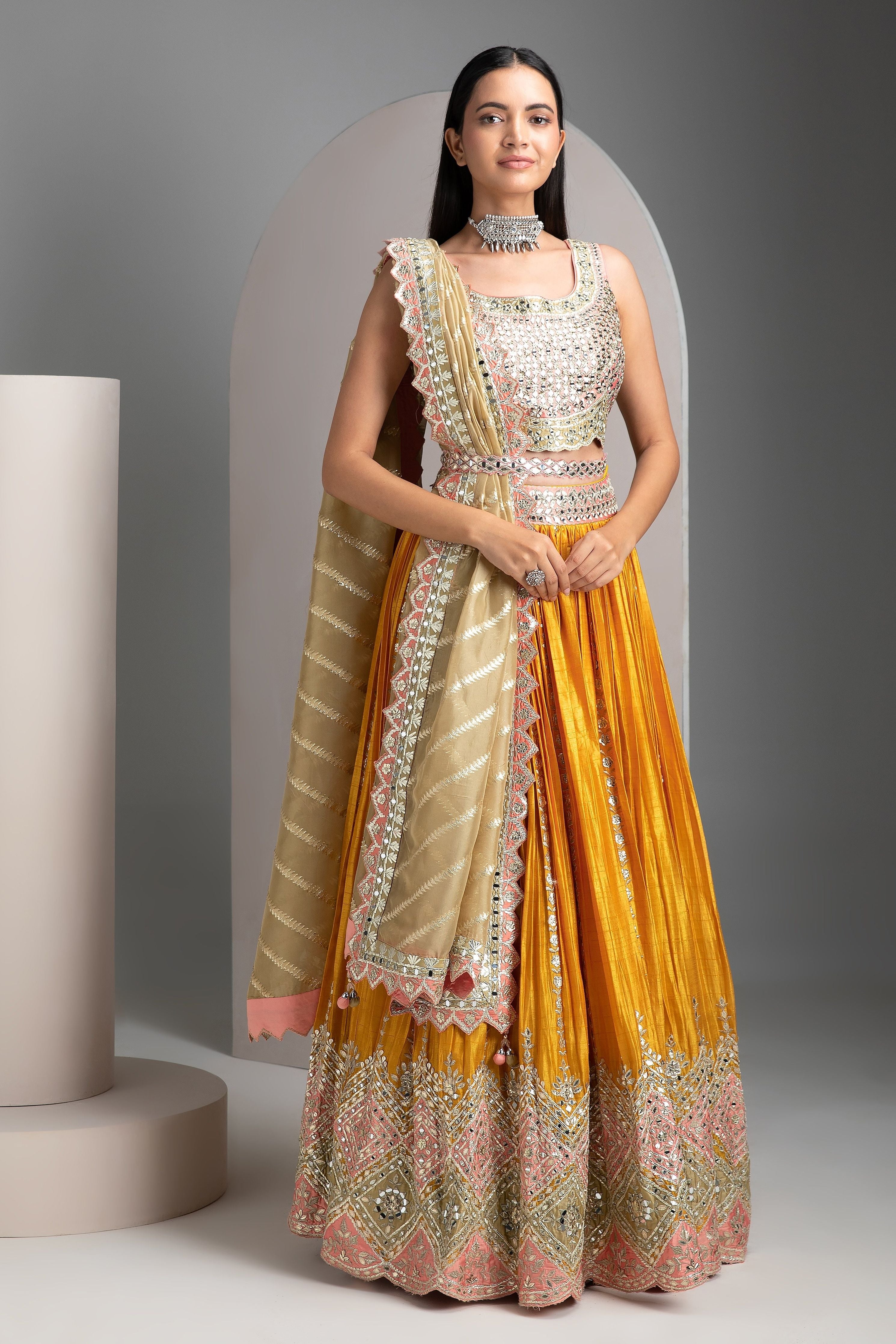 Mustard Pleated Lehenga - Mokshaa