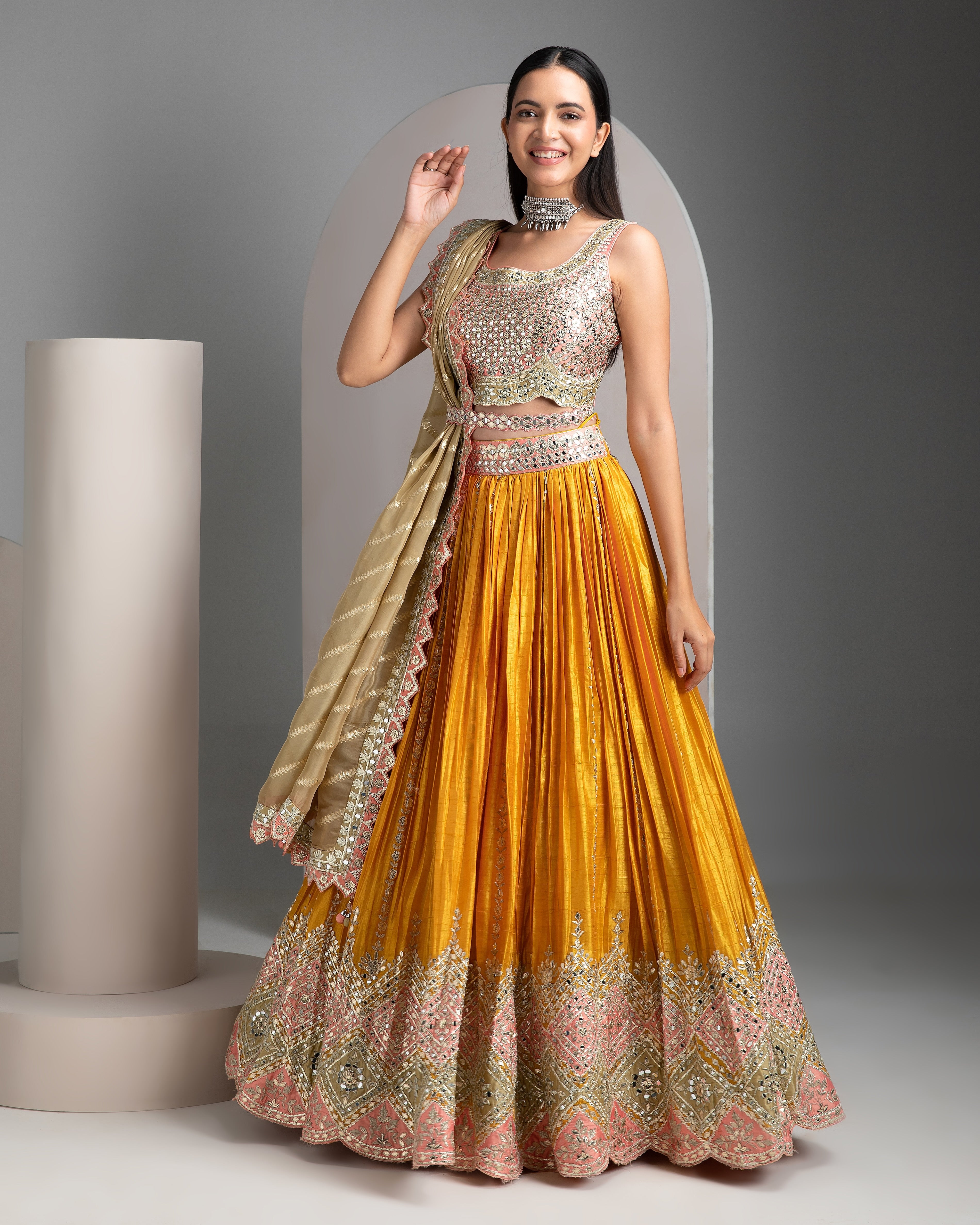 Mustard Pleated Lehenga - Mokshaa