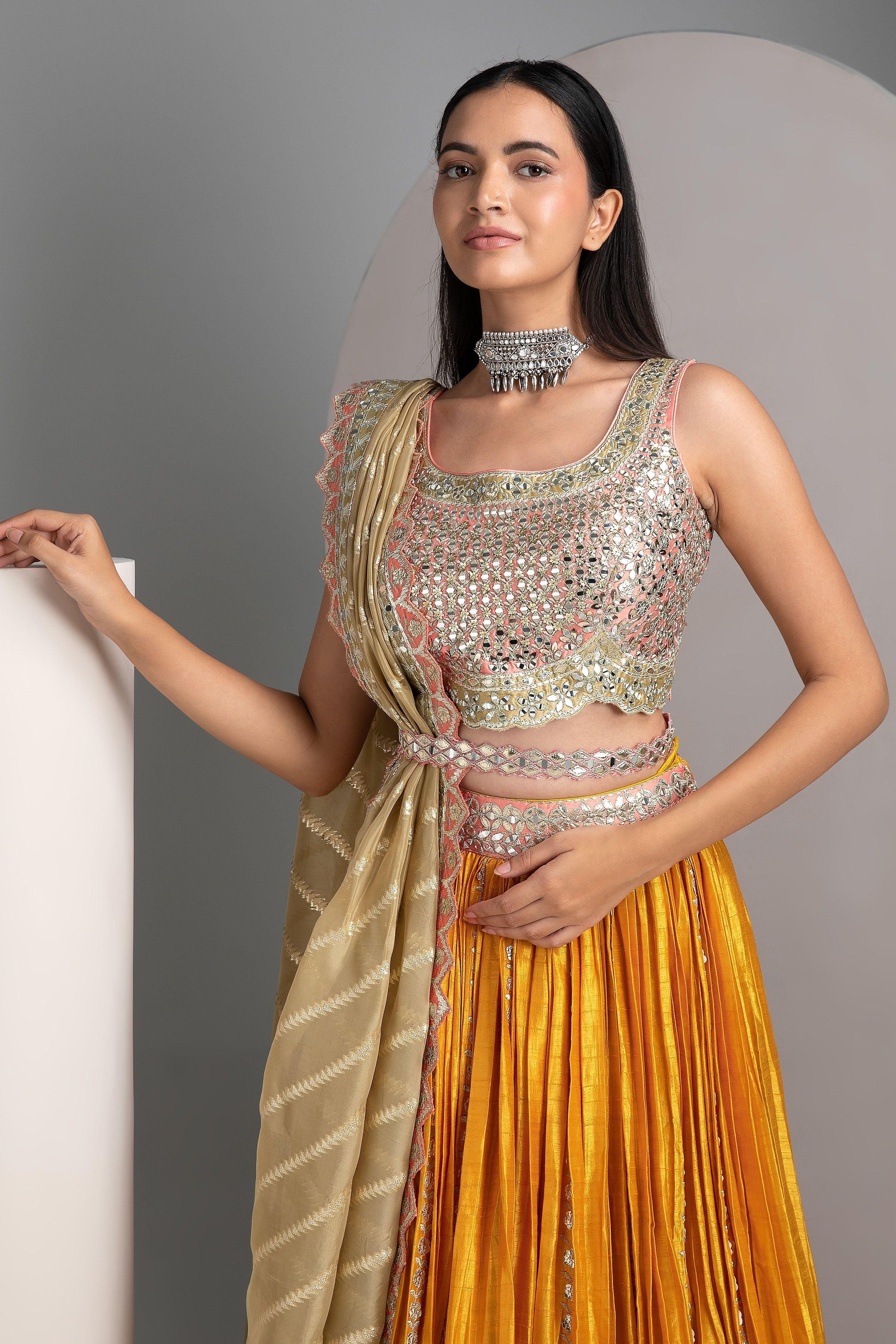 Mustard Pleated Lehenga - Mokshaa